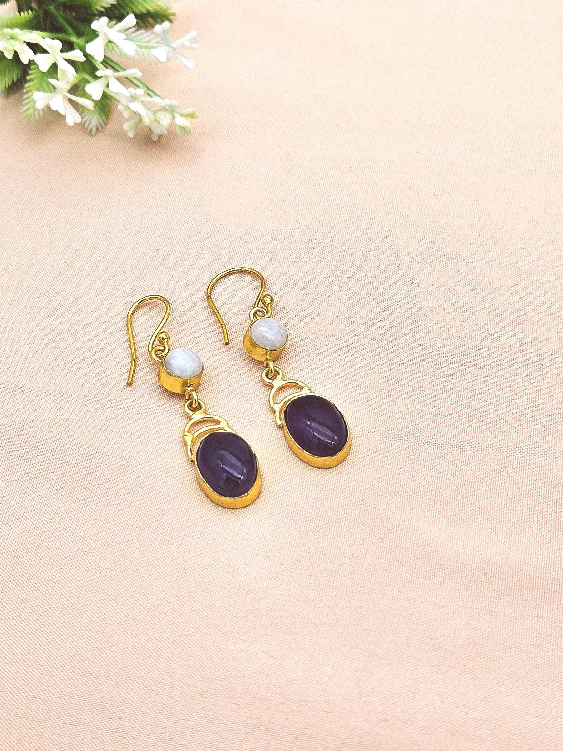 Handmade Gold Plated White Rainbow-Amethyst Dangle Drop Earrings for Women