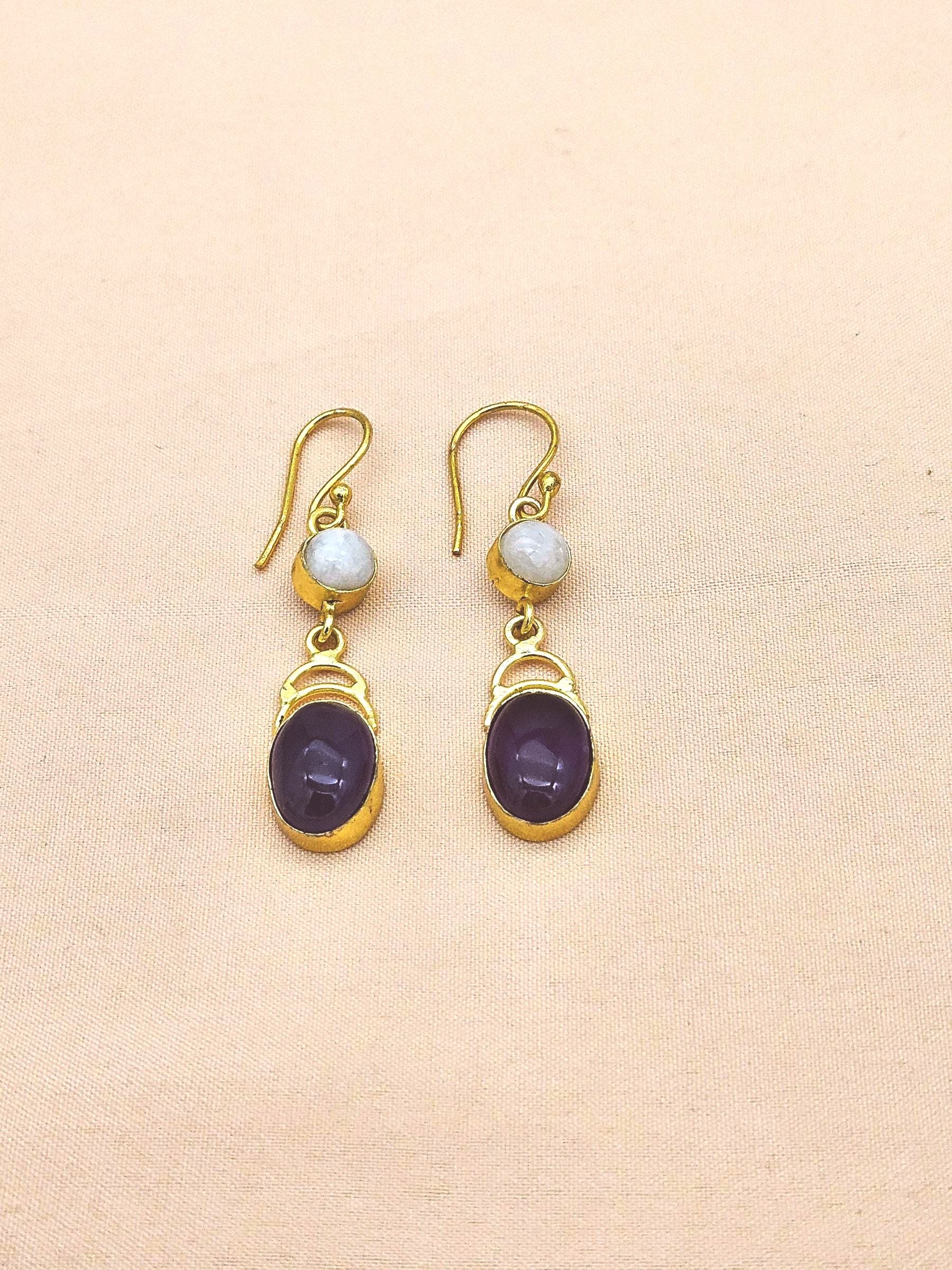 Handmade Gold Plated White Rainbow-Amethyst Dangle Drop Earrings for Women