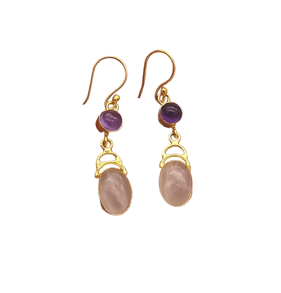 Handcrafted Gemstone Rose Quartz-Amethyst Gold Plated Drop Earrings
