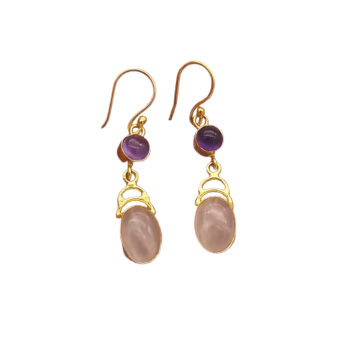 Handcrafted Gemstone Rose Quartz-Amethyst Gold Plated Drop Earrings
