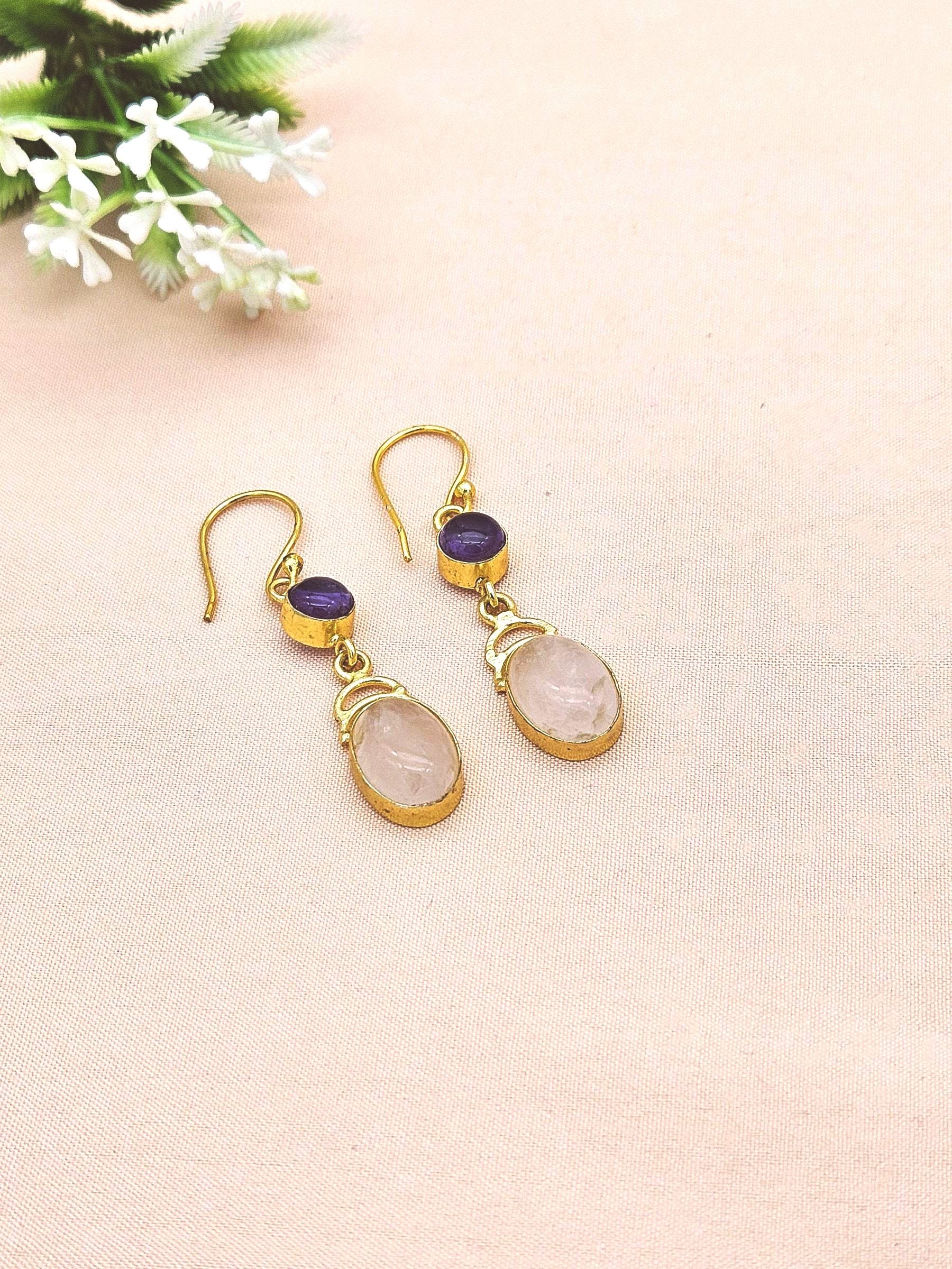 Handcrafted Gemstone Rose Quartz-Amethyst Gold Plated Drop Earrings