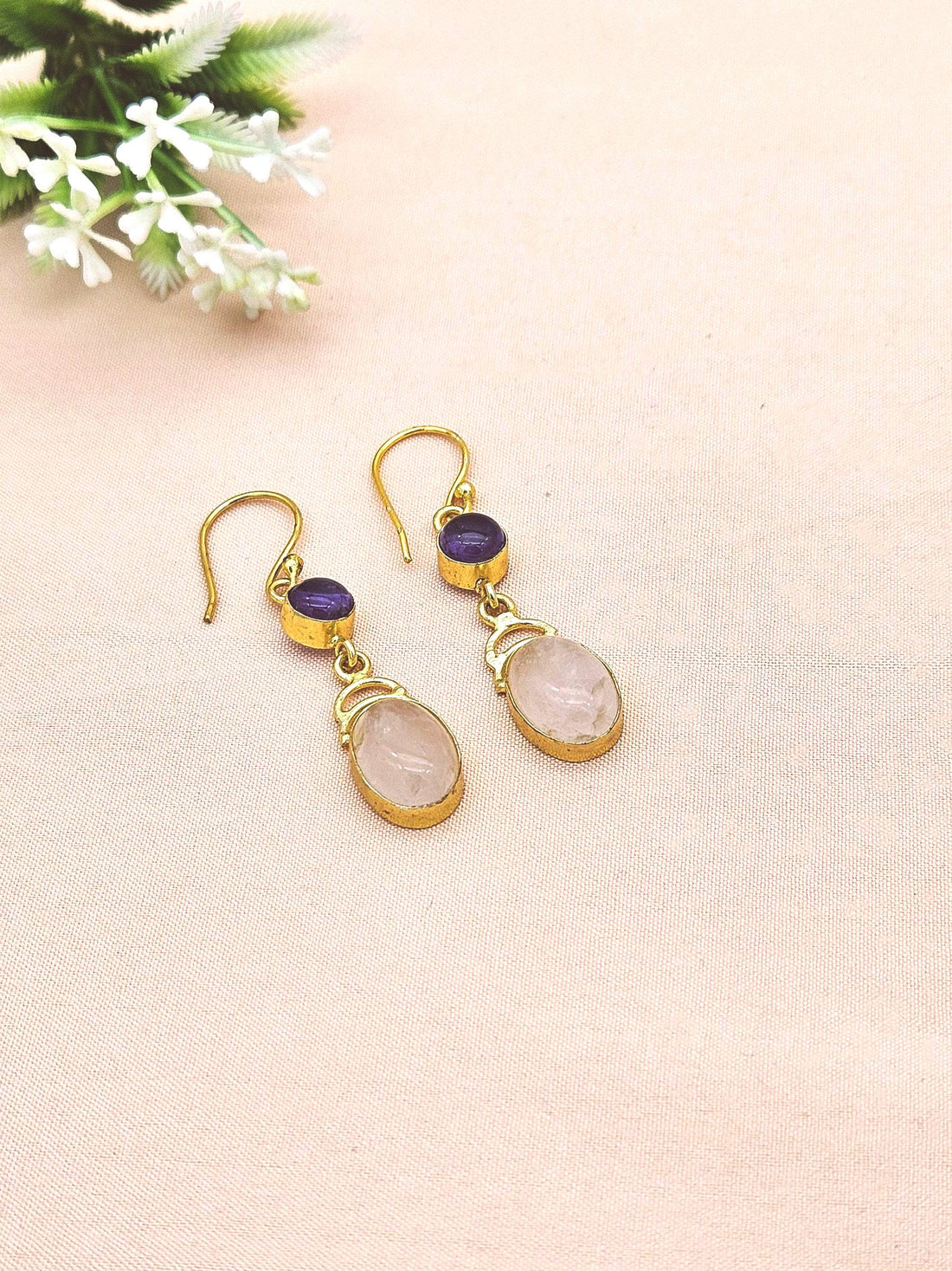 Handcrafted Gemstone Rose Quartz-Amethyst Gold Plated Drop Earrings