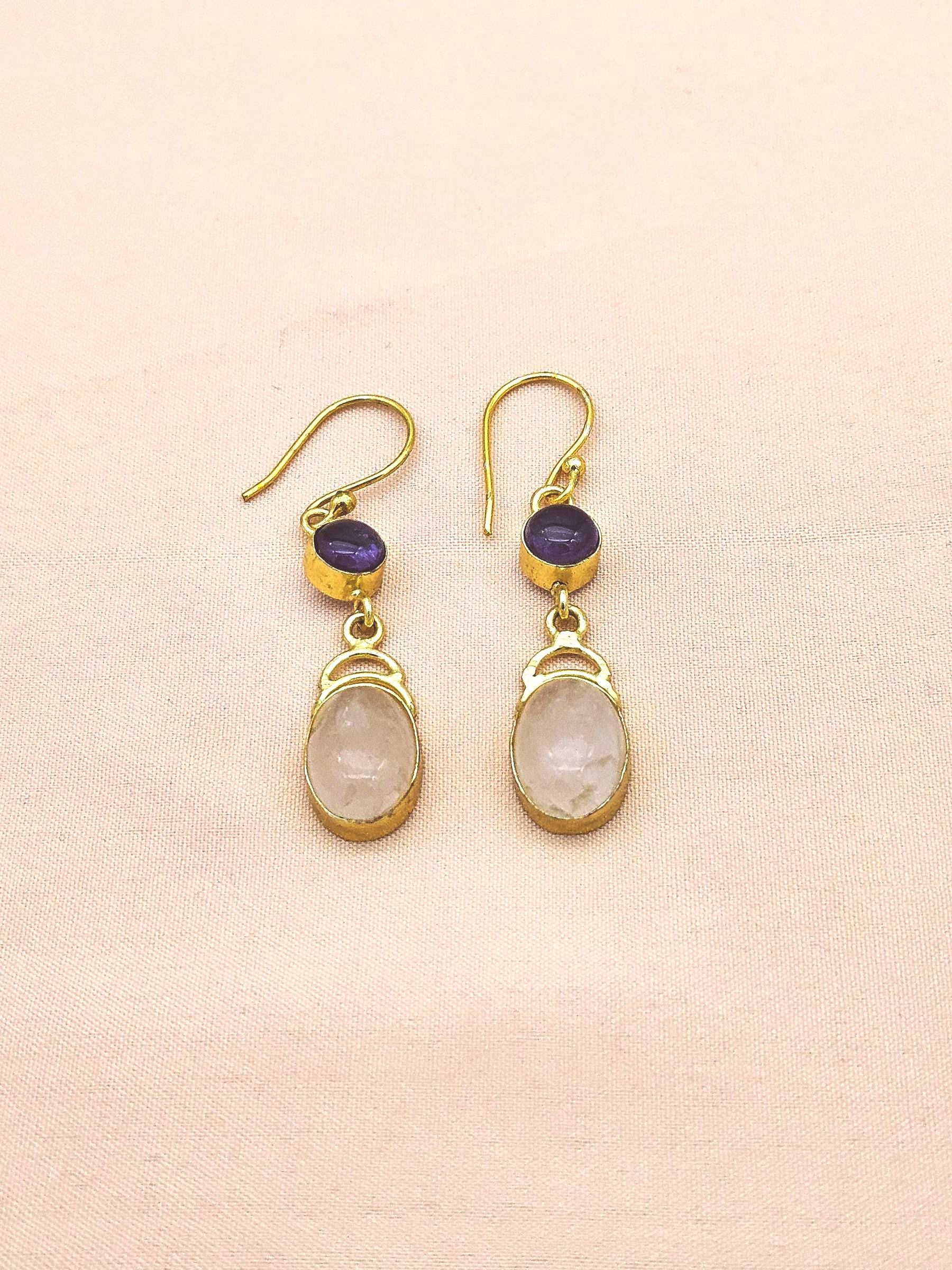 Handcrafted Gemstone Rose Quartz-Amethyst Gold Plated Drop Earrings