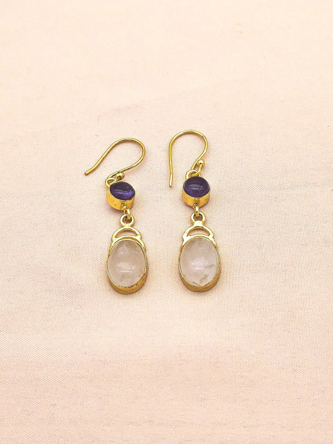 Handcrafted Gemstone Rose Quartz-Amethyst Gold Plated Drop Earrings