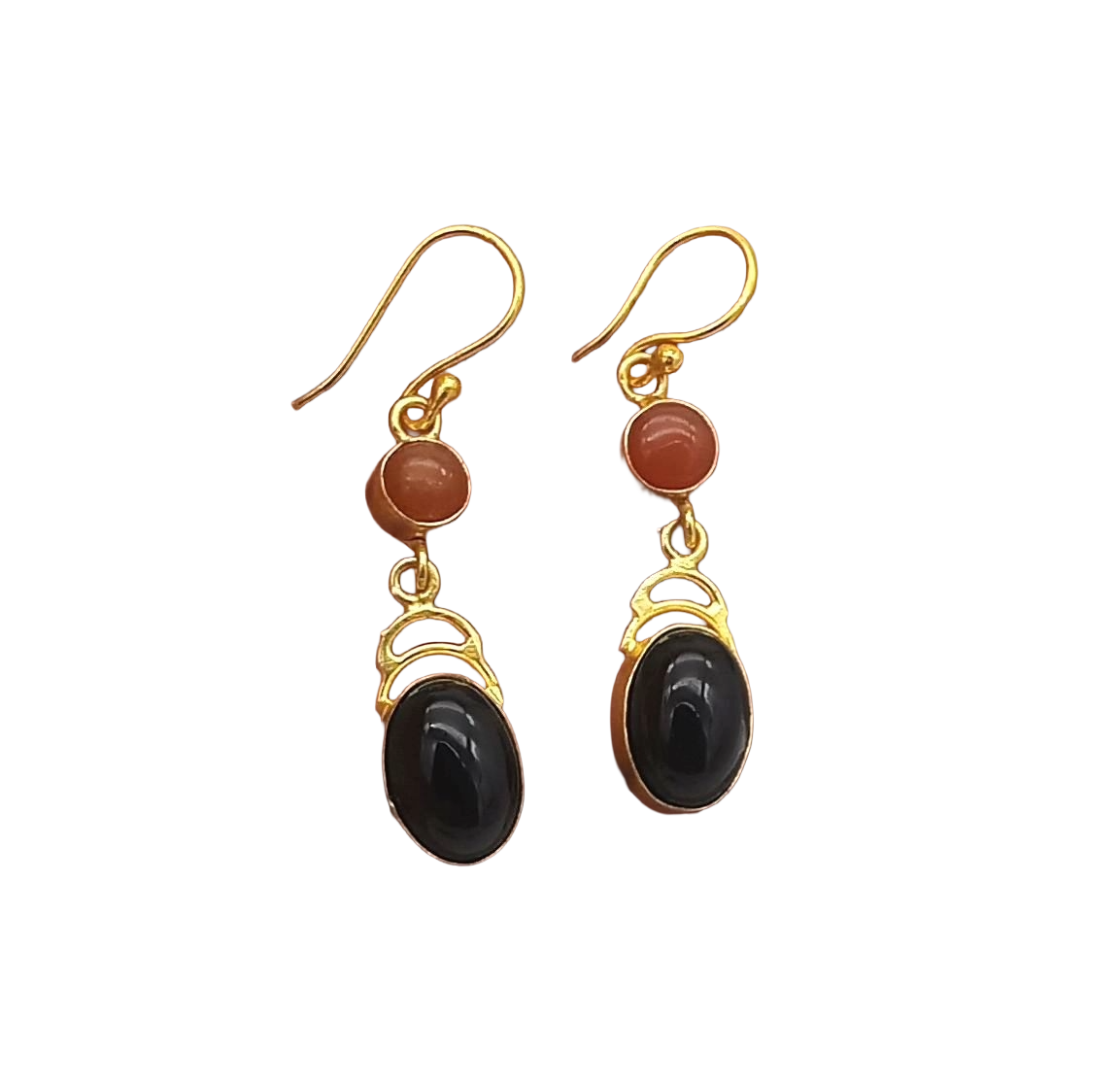 Premium Gold Plated Red Onyx-Black Glass Handcrafted Dangle Earrings