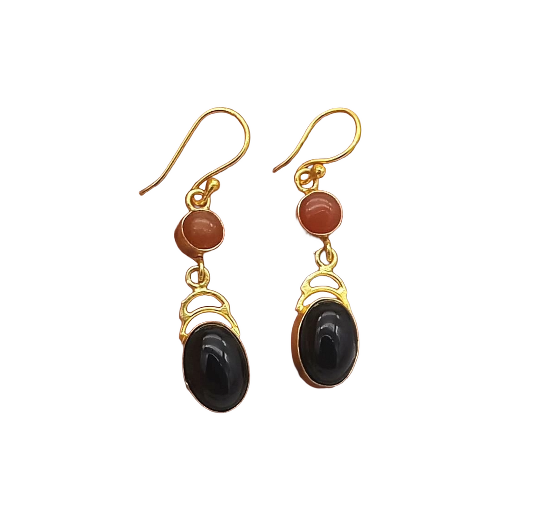 Premium Gold Plated Red Onyx-Black Glass Handcrafted Dangle Earrings