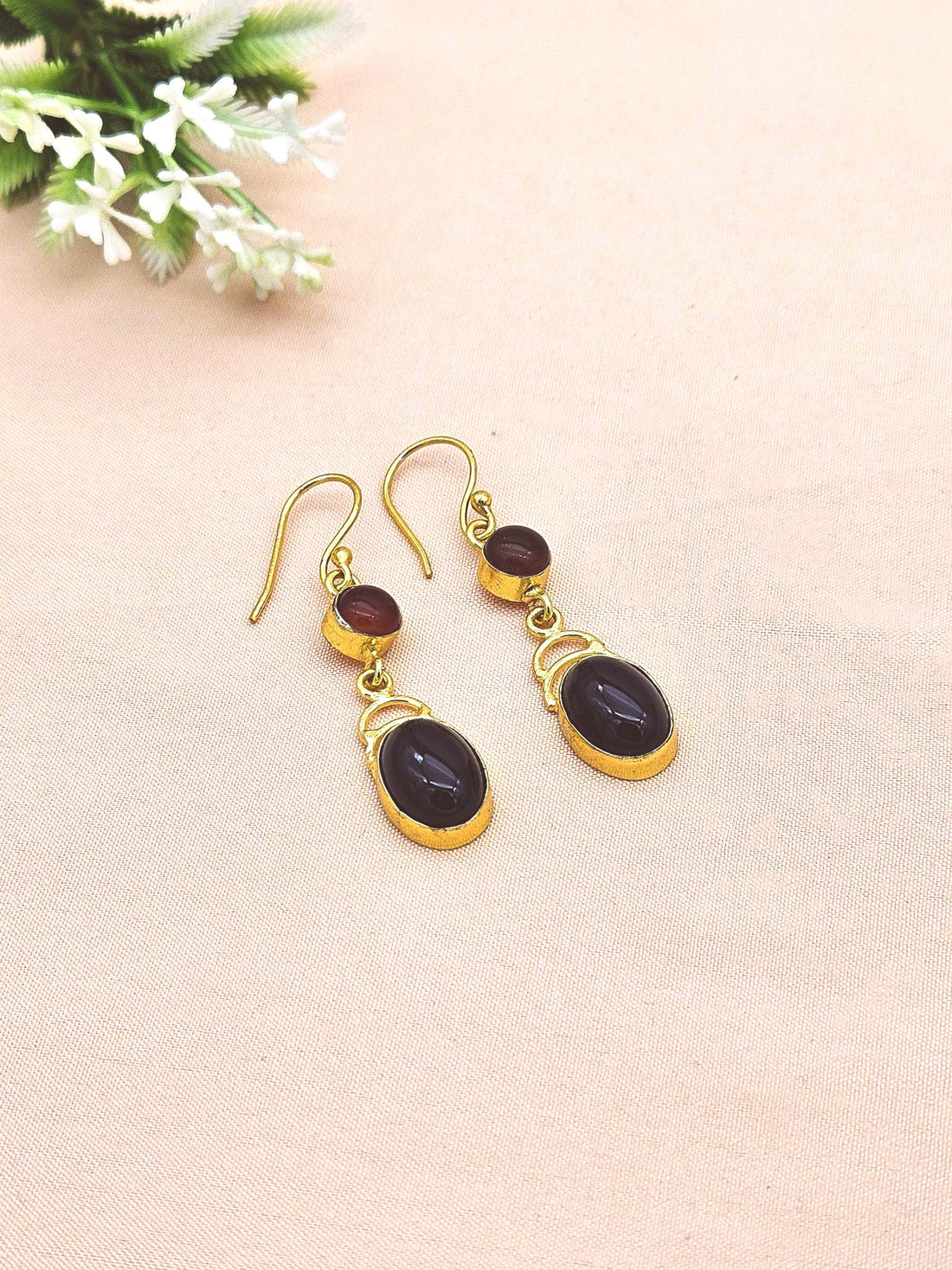 Premium Gold Plated Red Onyx-Black Glass Handcrafted Dangle Earrings