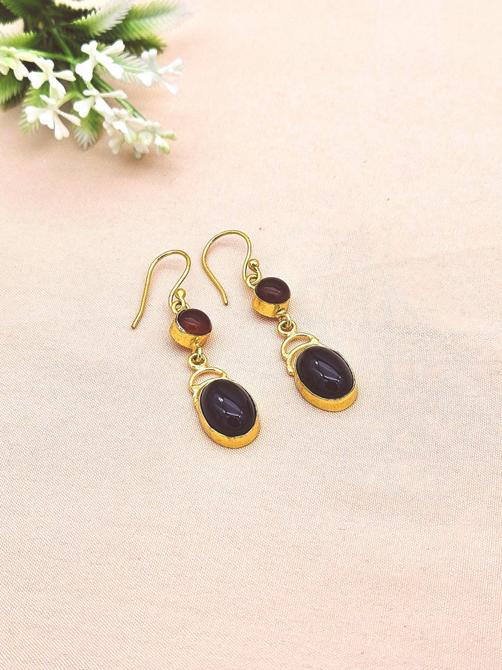 Premium Gold Plated Red Onyx-Black Glass Handcrafted Dangle Earrings