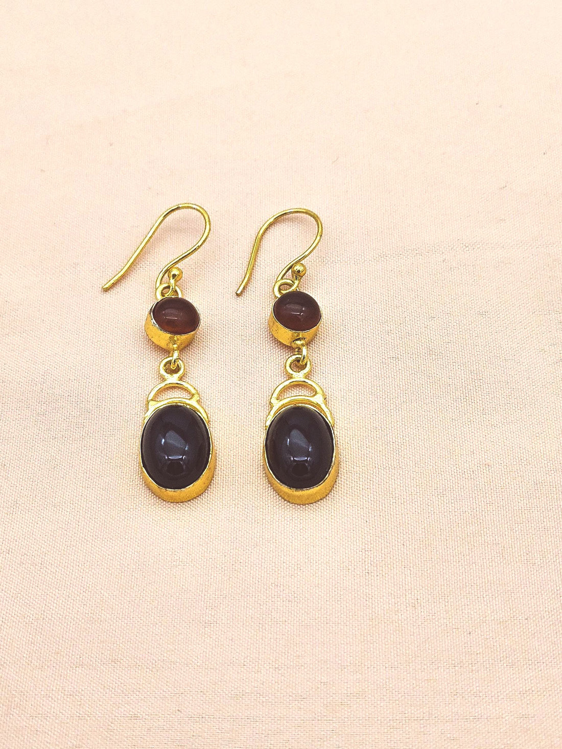 Premium Gold Plated Red Onyx-Black Glass Handcrafted Dangle Earrings