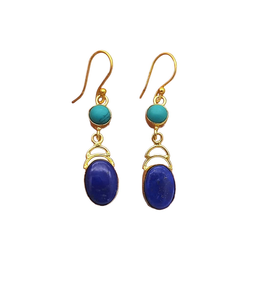 Trendy Handmade Lapis-Turquoise Stone Gold Plated Dangle Earrings