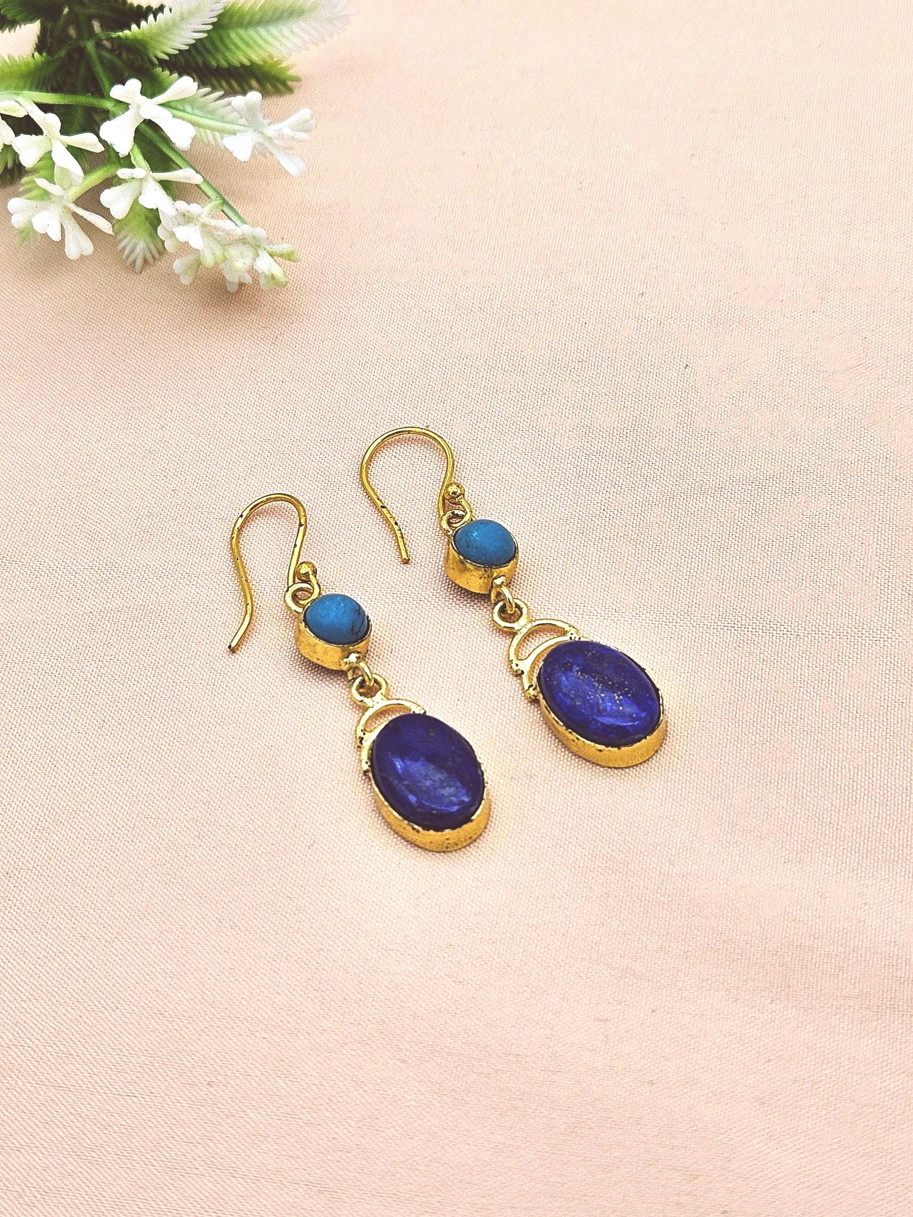 Trendy Handmade Lapis-Turquoise Stone Gold Plated Dangle Earrings
