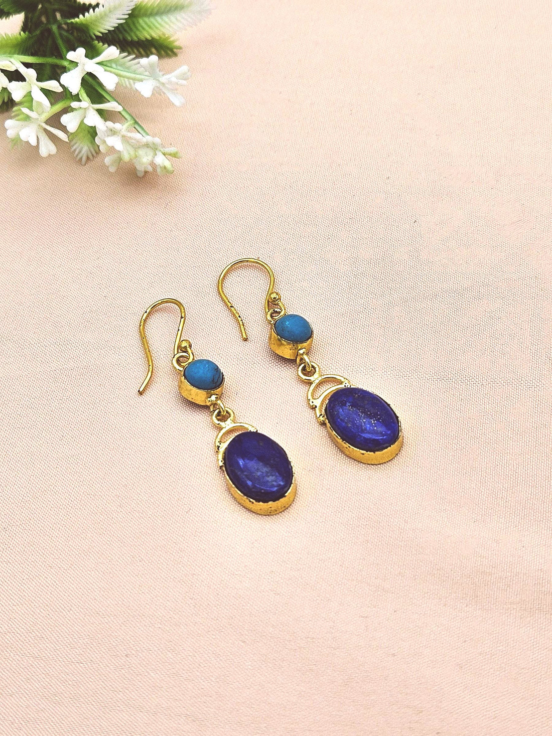 Trendy Handmade Lapis-Turquoise Stone Gold Plated Dangle Earrings