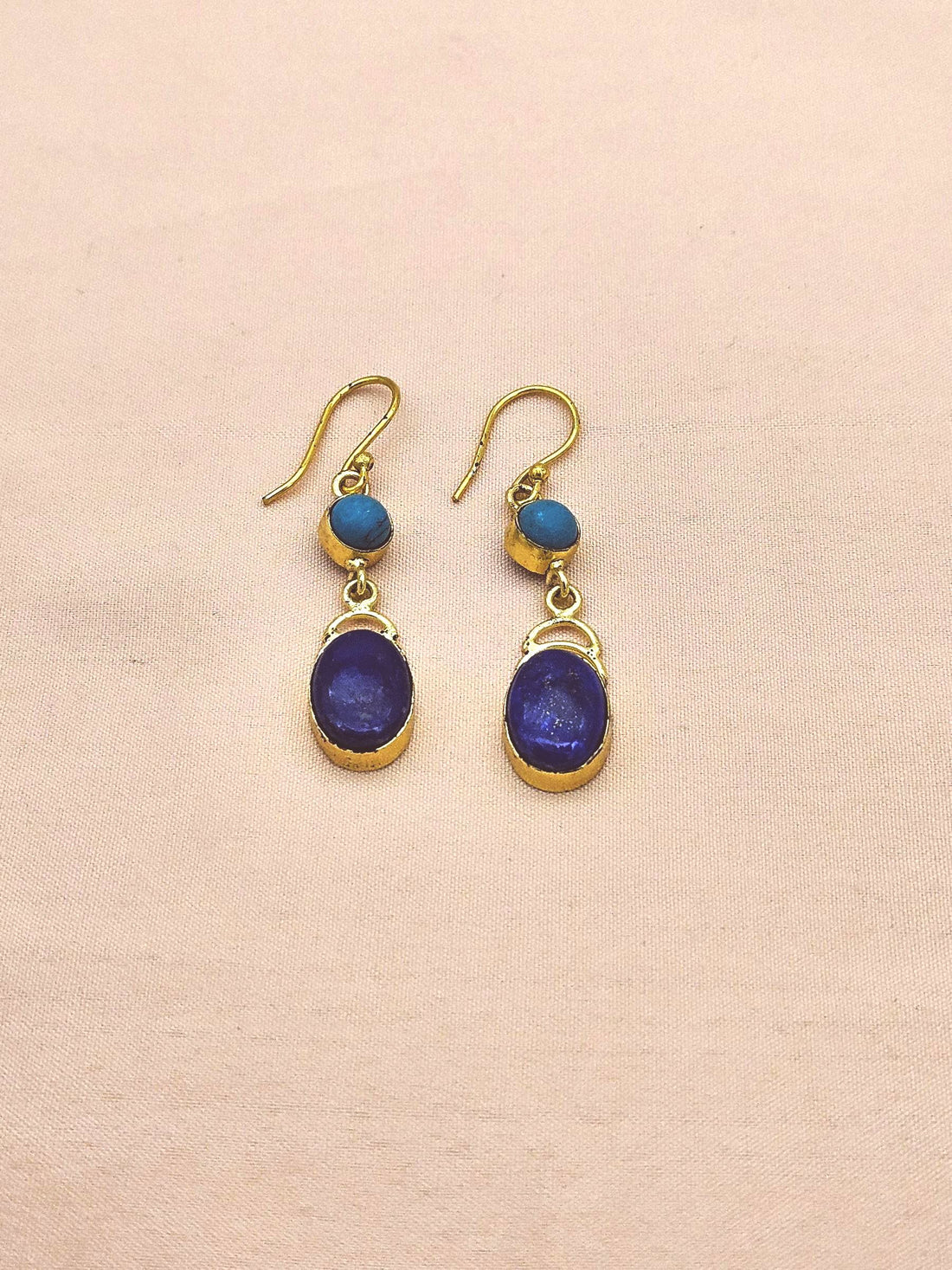 Trendy Handmade Lapis-Turquoise Stone Gold Plated Dangle Earrings