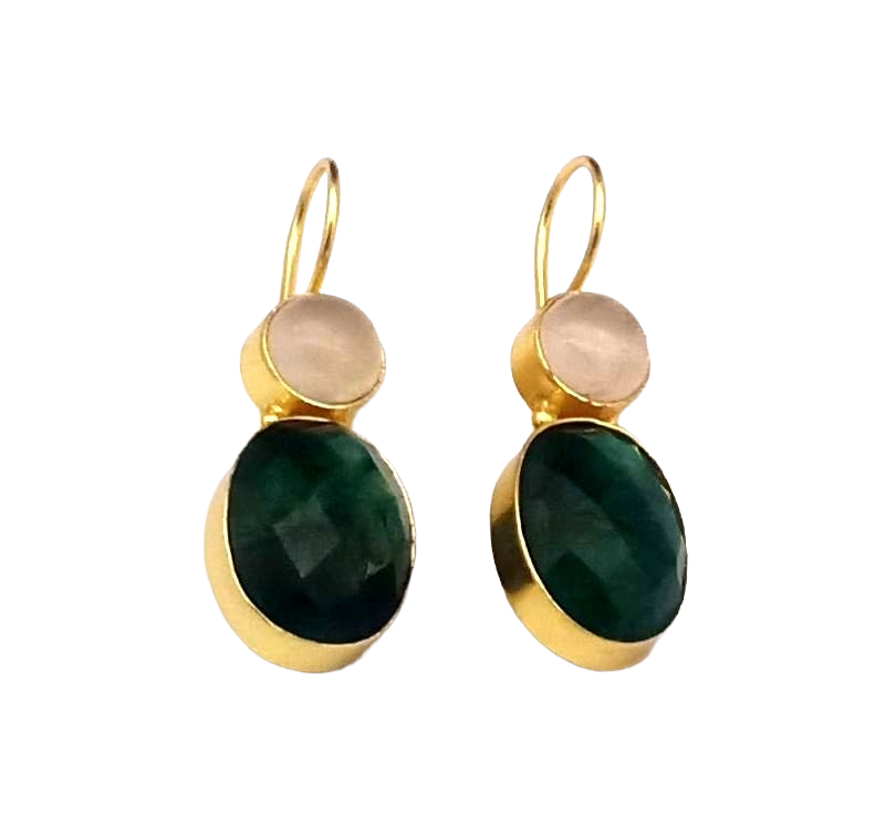 Premium Handcrafted Gold plated Rose Quartz-Green Hathipara Light Weight Designer Dangle Earrings
