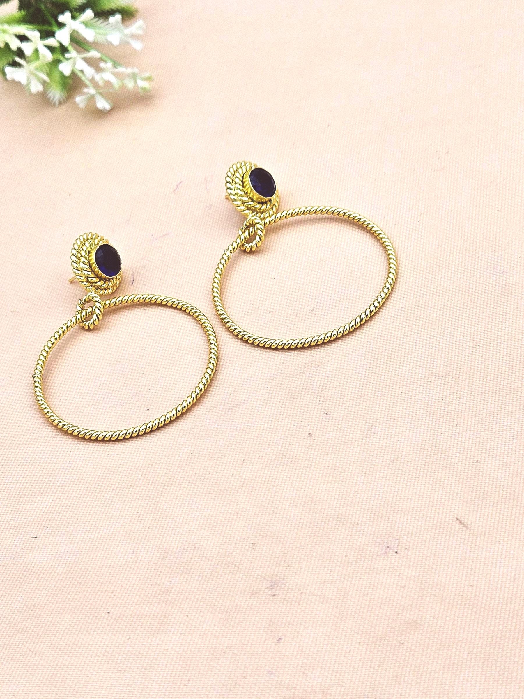 Elegant Gold Plated Blue Glass Stone Hoop Earrings – Twisted Wire Fashion Jewelry