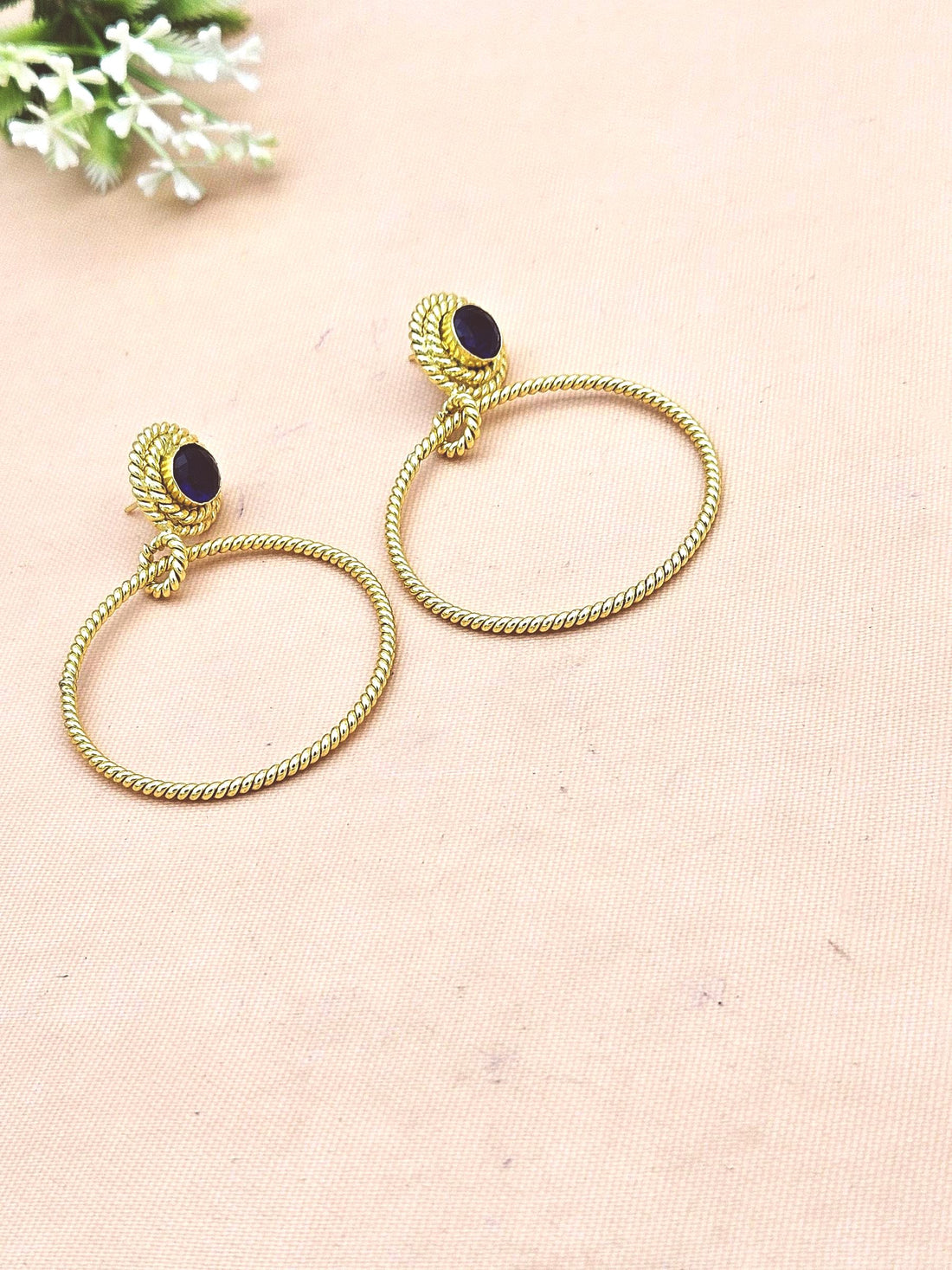 Elegant Gold Plated Blue Glass Stone Hoop Earrings – Twisted Wire Fashion Jewelry