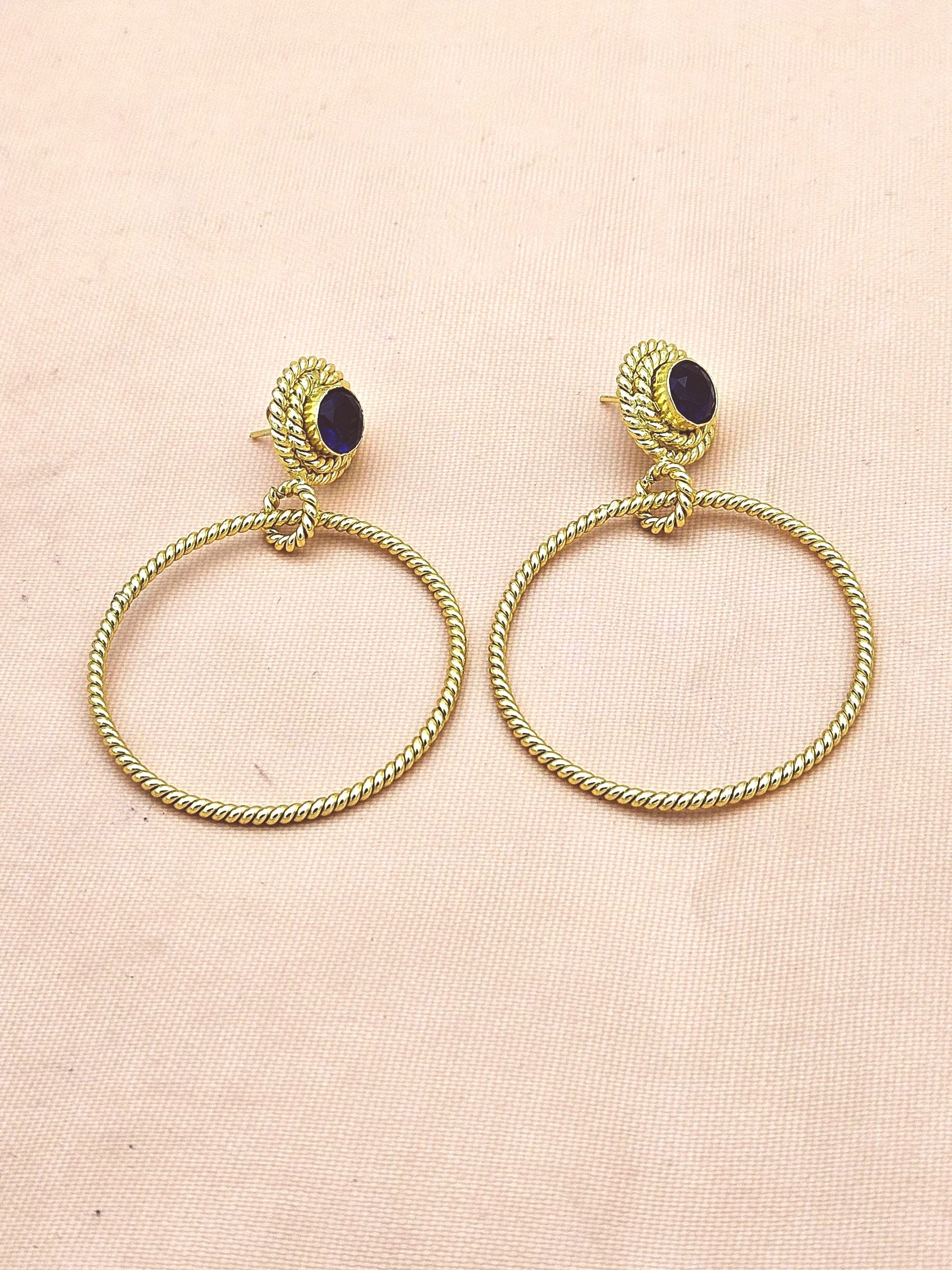 Elegant Gold Plated Blue Glass Stone Hoop Earrings – Twisted Wire Fashion Jewelry