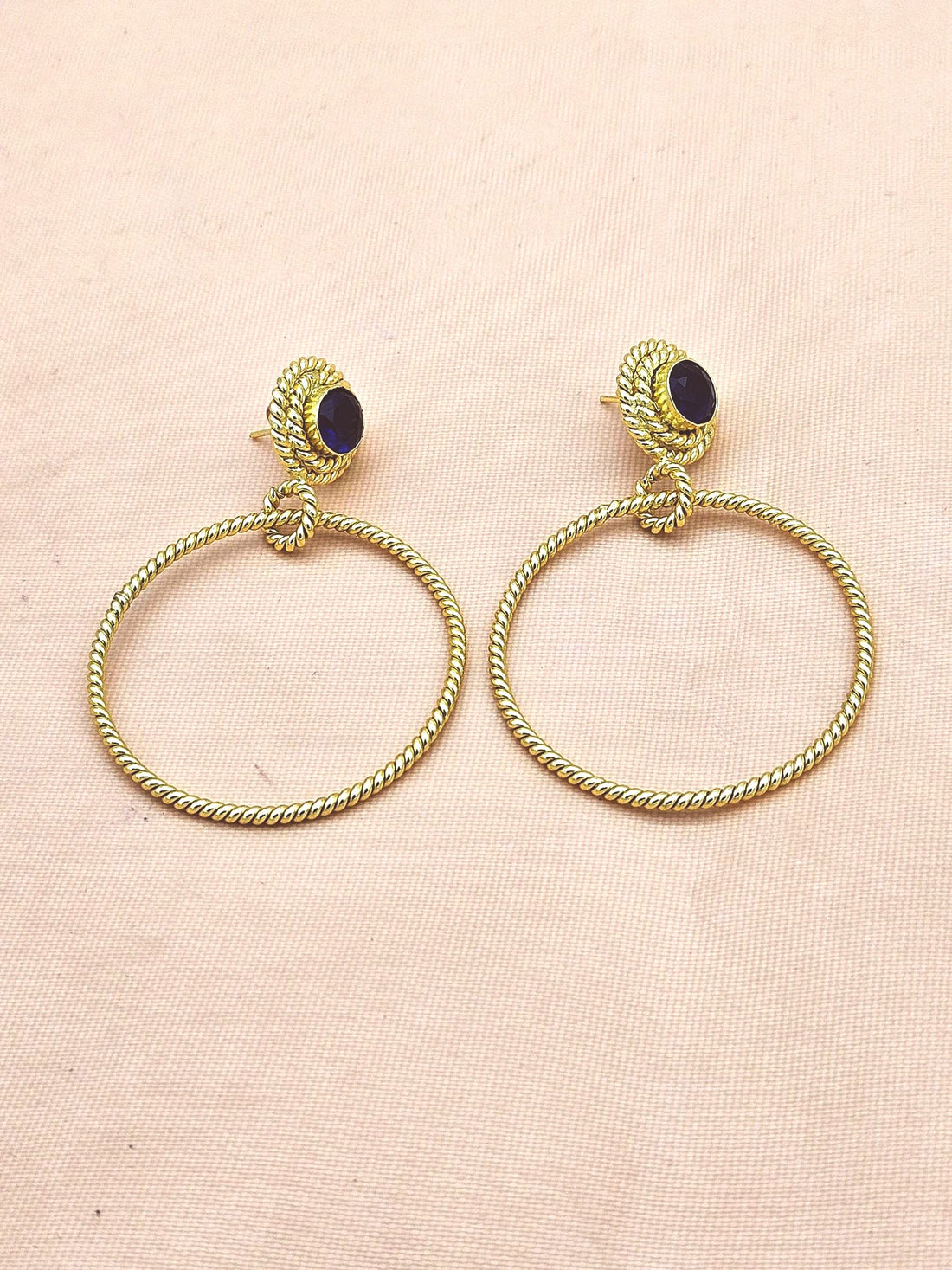 Elegant Gold Plated Blue Glass Stone Hoop Earrings – Twisted Wire Fashion Jewelry