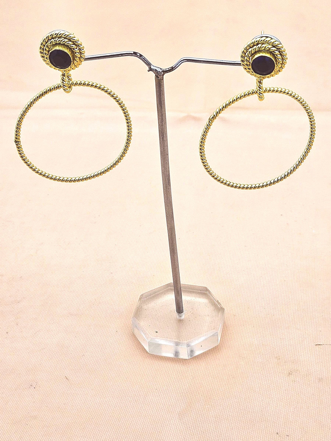 Elegant Gold Plated Blue Glass Stone Hoop Earrings – Twisted Wire Fashion Jewelry