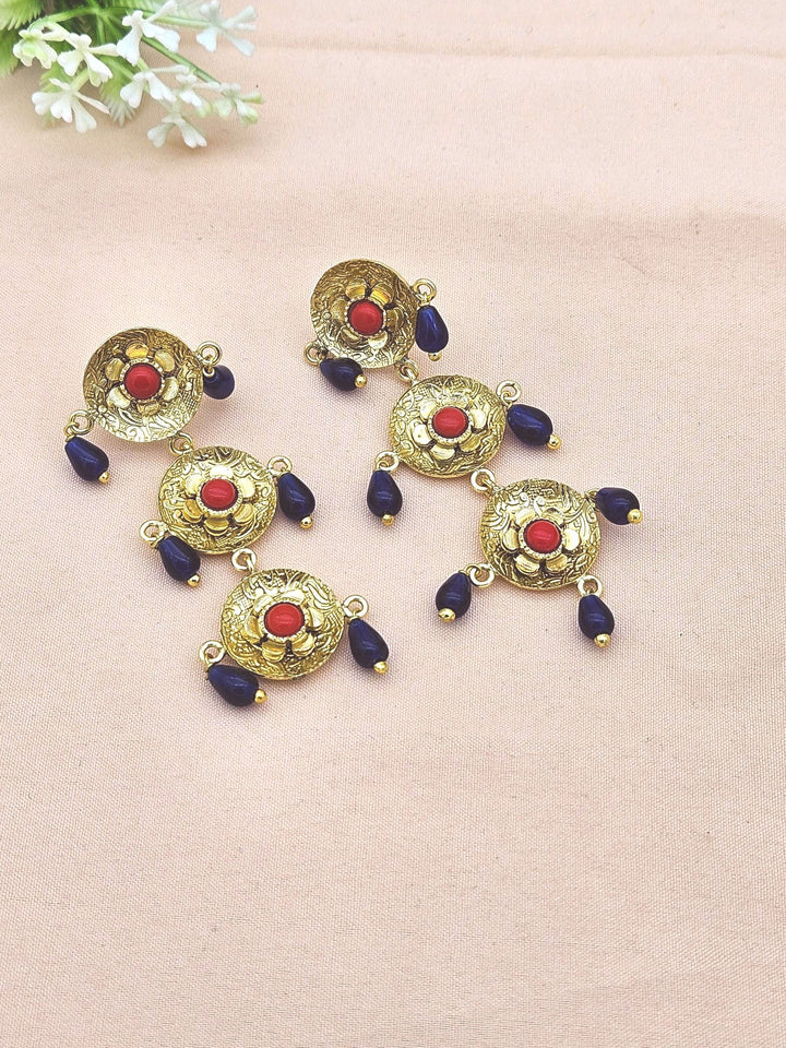 Awesome Gold Plated Dangle Earrings –Red & Blue Glass Charming Floral Designer Jewelry