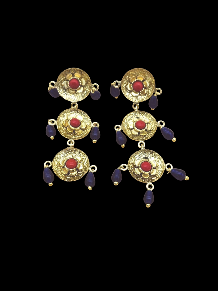 Awesome Gold Plated Dangle Earrings –Red & Blue Glass Charming Floral Designer Jewelry