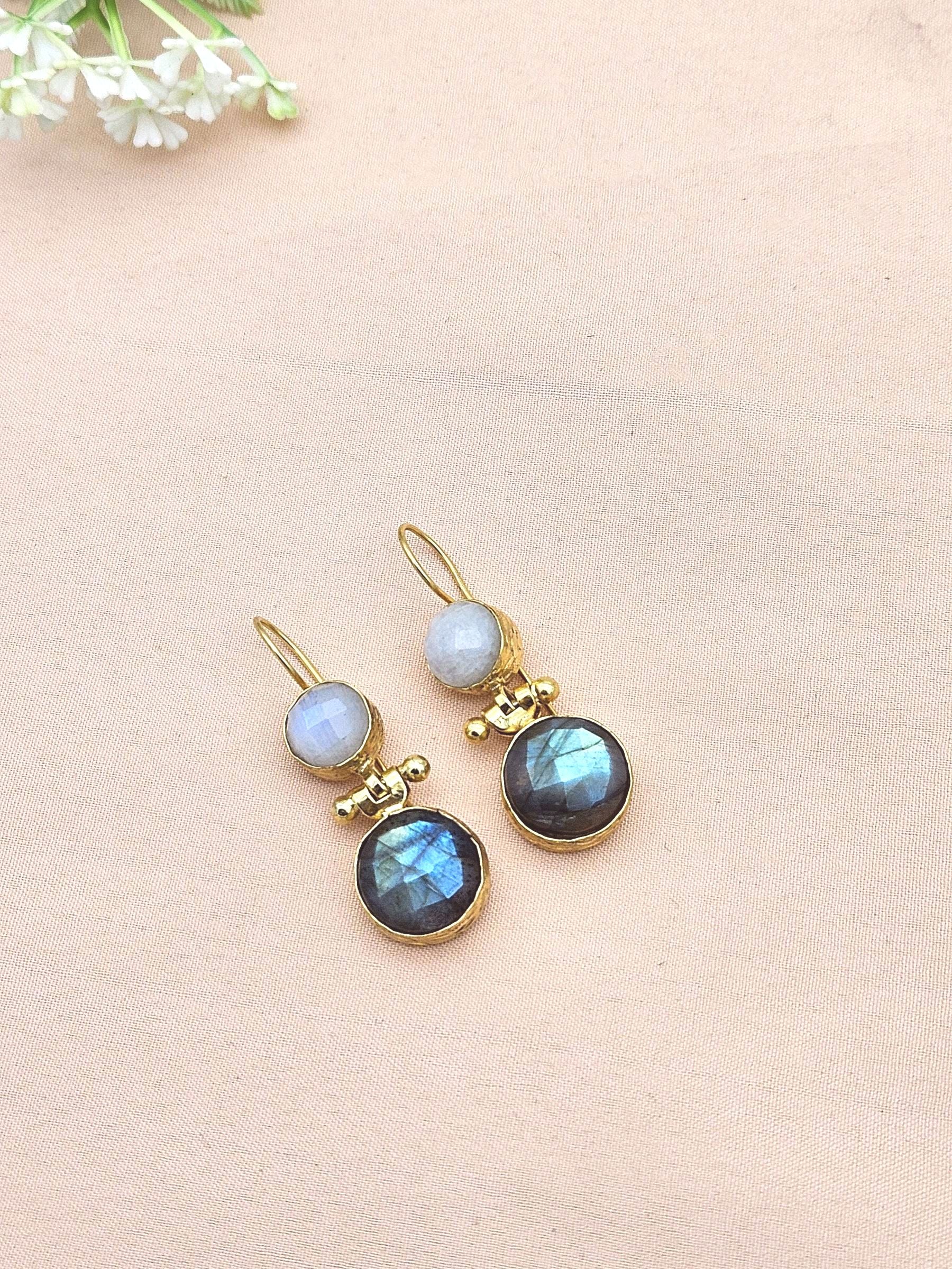 Gorgeous Gold Plated Fine White Rainbow-Labradorite Light Weight Charming Designer Dangle Drop Earrings