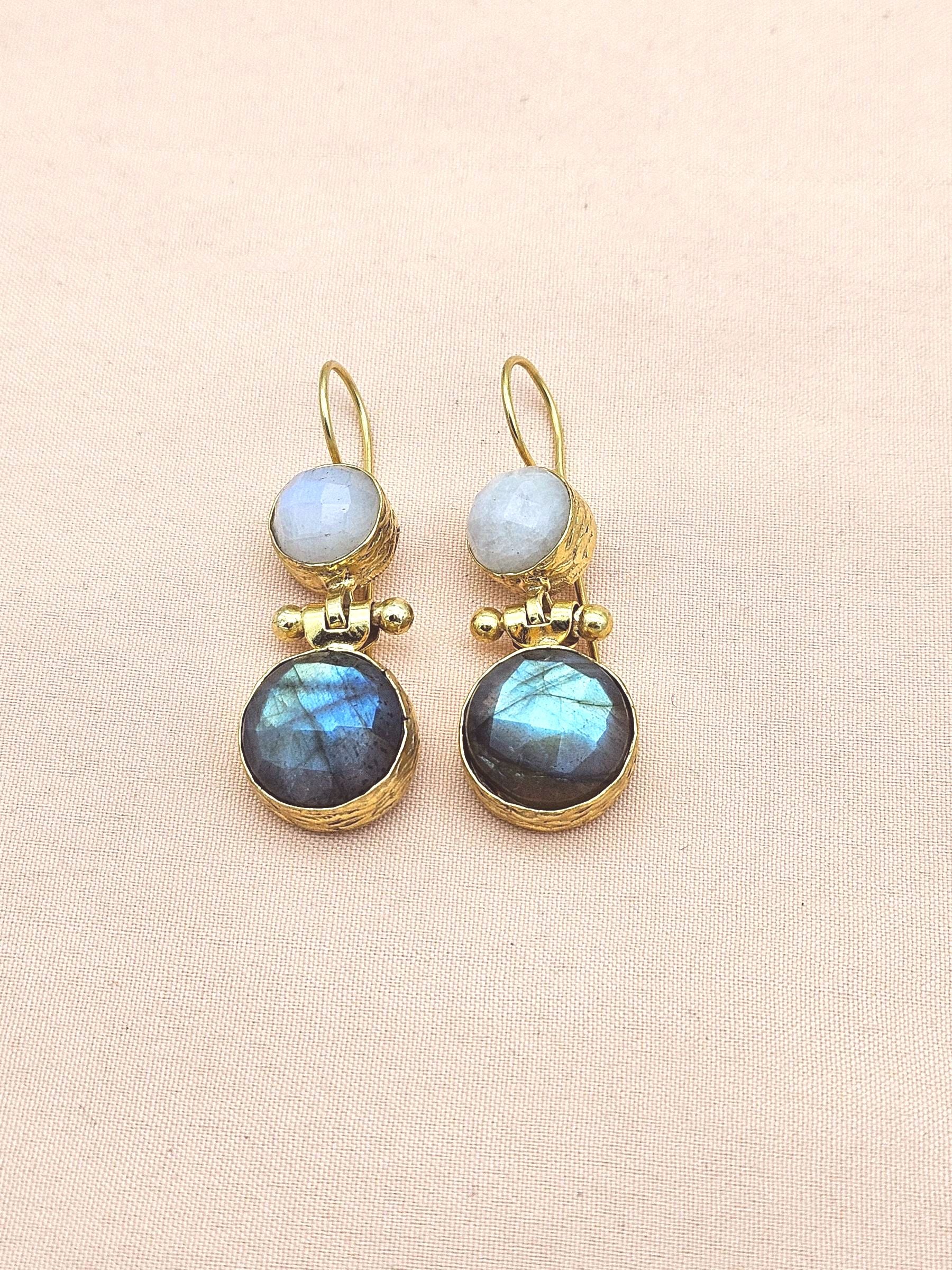 Gorgeous Gold Plated Fine White Rainbow-Labradorite Light Weight Charming Designer Dangle Drop Earrings