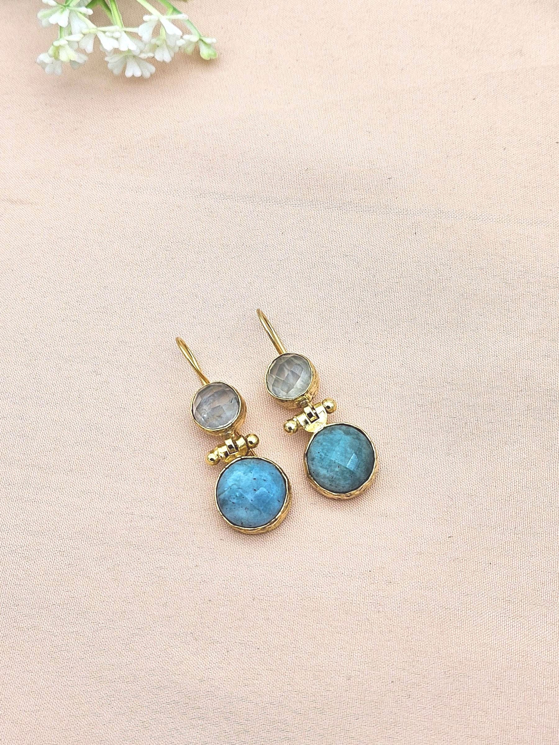 Gorgeous Gold Plated Fine Prehnite-Amazonite Light Weight Charming Designer Dangle Drop Earrings