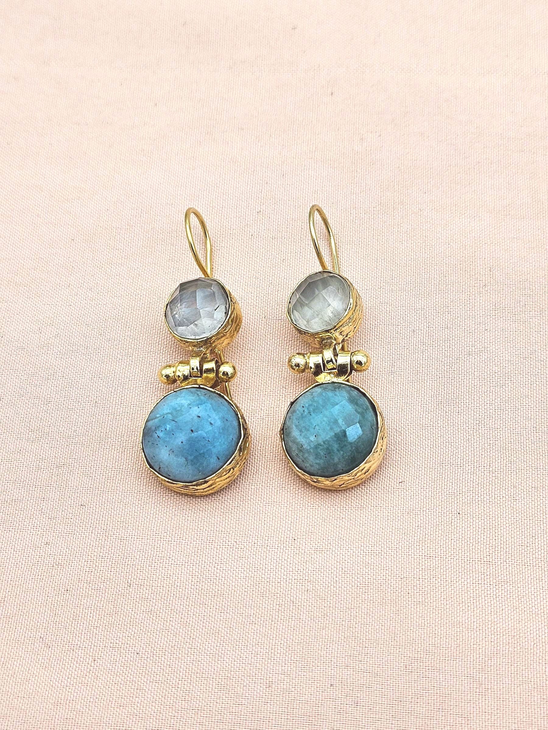 Gorgeous Gold Plated Fine Prehnite-Amazonite Light Weight Charming Designer Dangle Drop Earrings