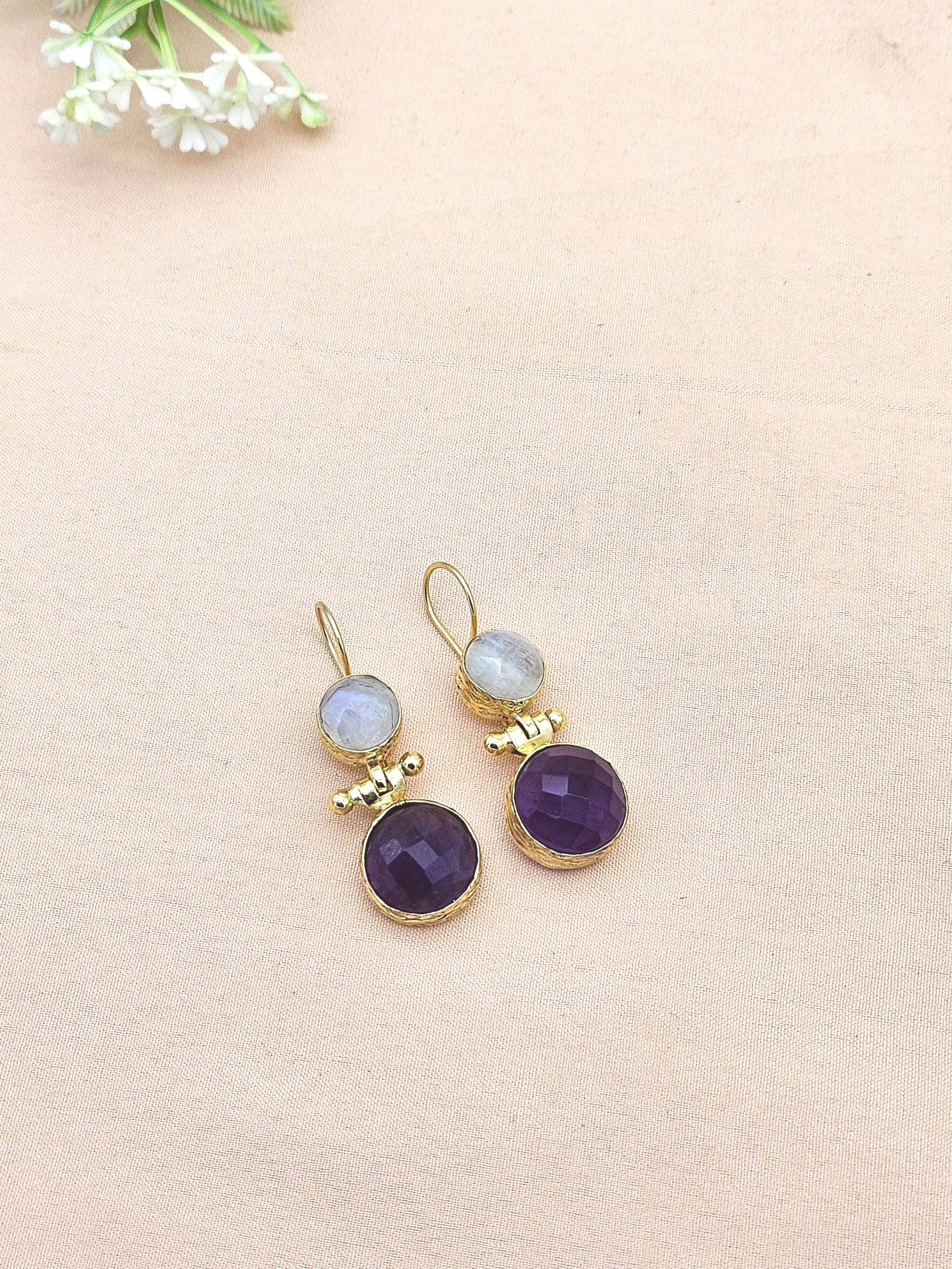 Gorgeous Gold Plated Fine White Rainbow-Amethyst Light Weight Charming Designer Dangle Drop Earrings