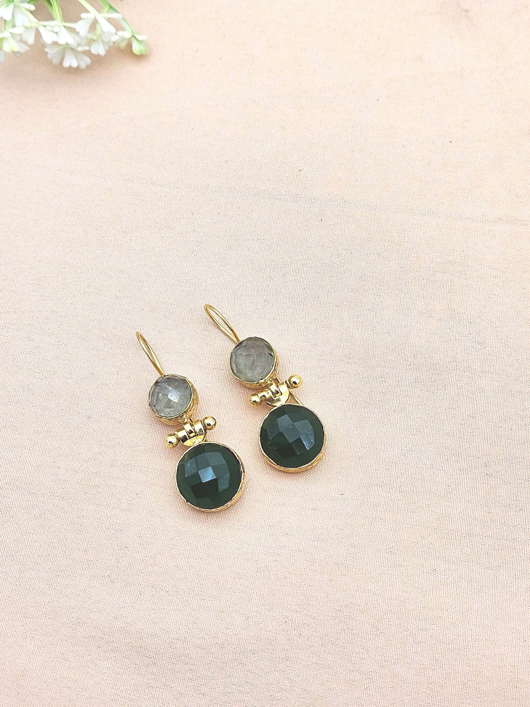 Gorgeous Gold Plated Fine Prehnite-Green Onyx Light Weight Charming Designer Dangle Drop Earrings