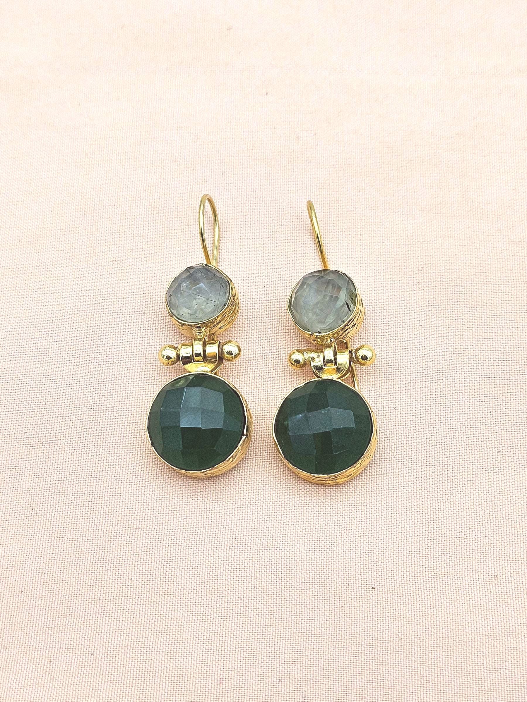 Gorgeous Gold Plated Fine Prehnite-Green Onyx Light Weight Charming Designer Dangle Drop Earrings