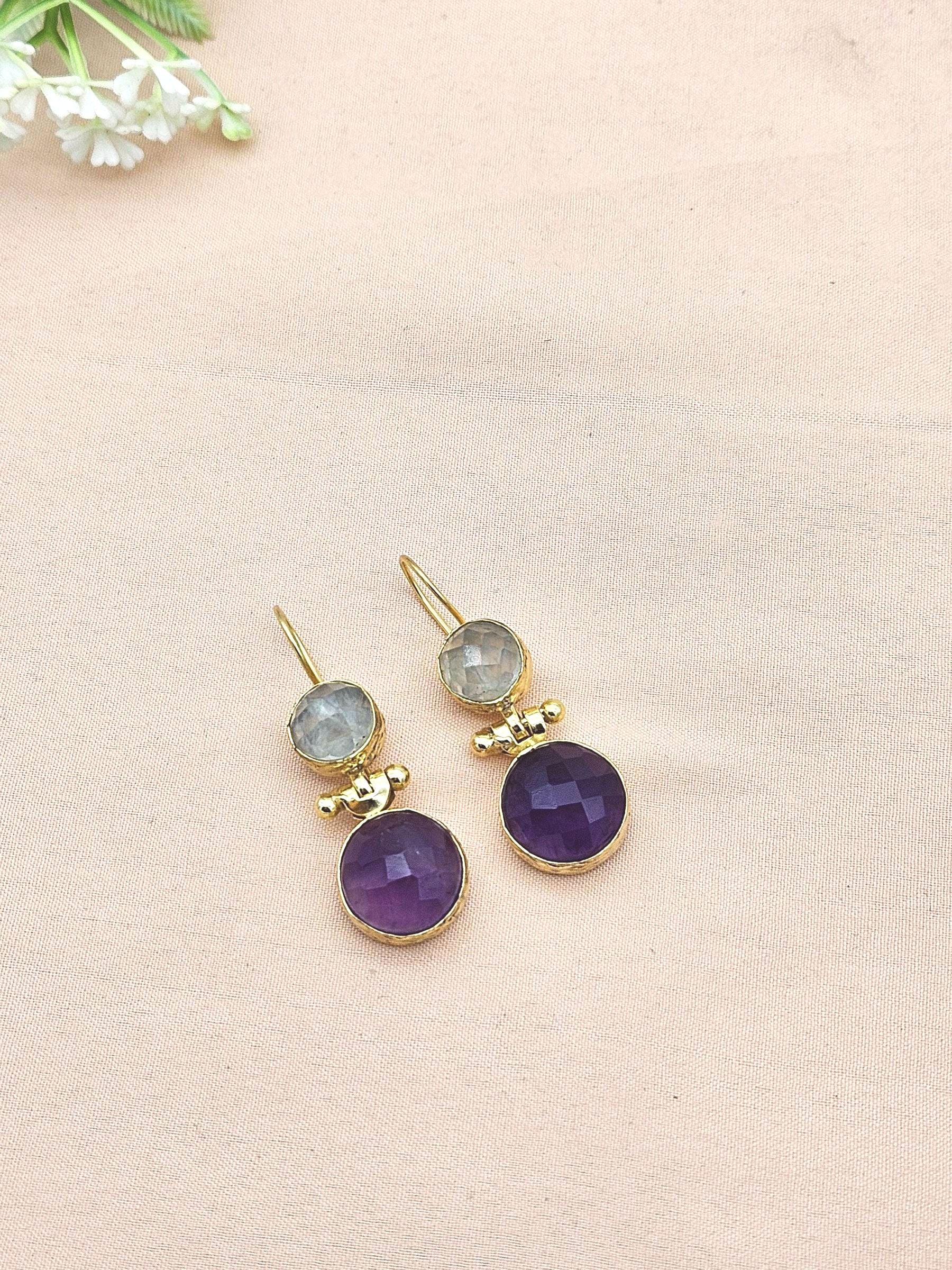 Gorgeous Gold Plated Fine Prehnite-Amethyst Light Weight Charming Designer Dangle Drop Earrings