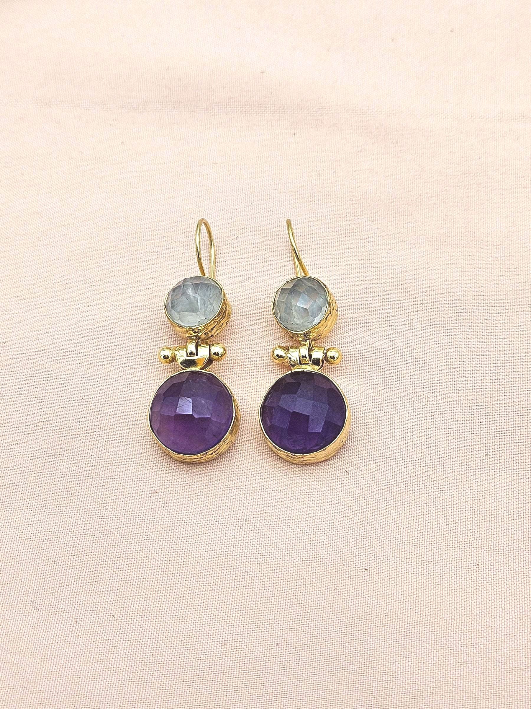 Gorgeous Gold Plated Fine Prehnite-Amethyst Light Weight Charming Designer Dangle Drop Earrings