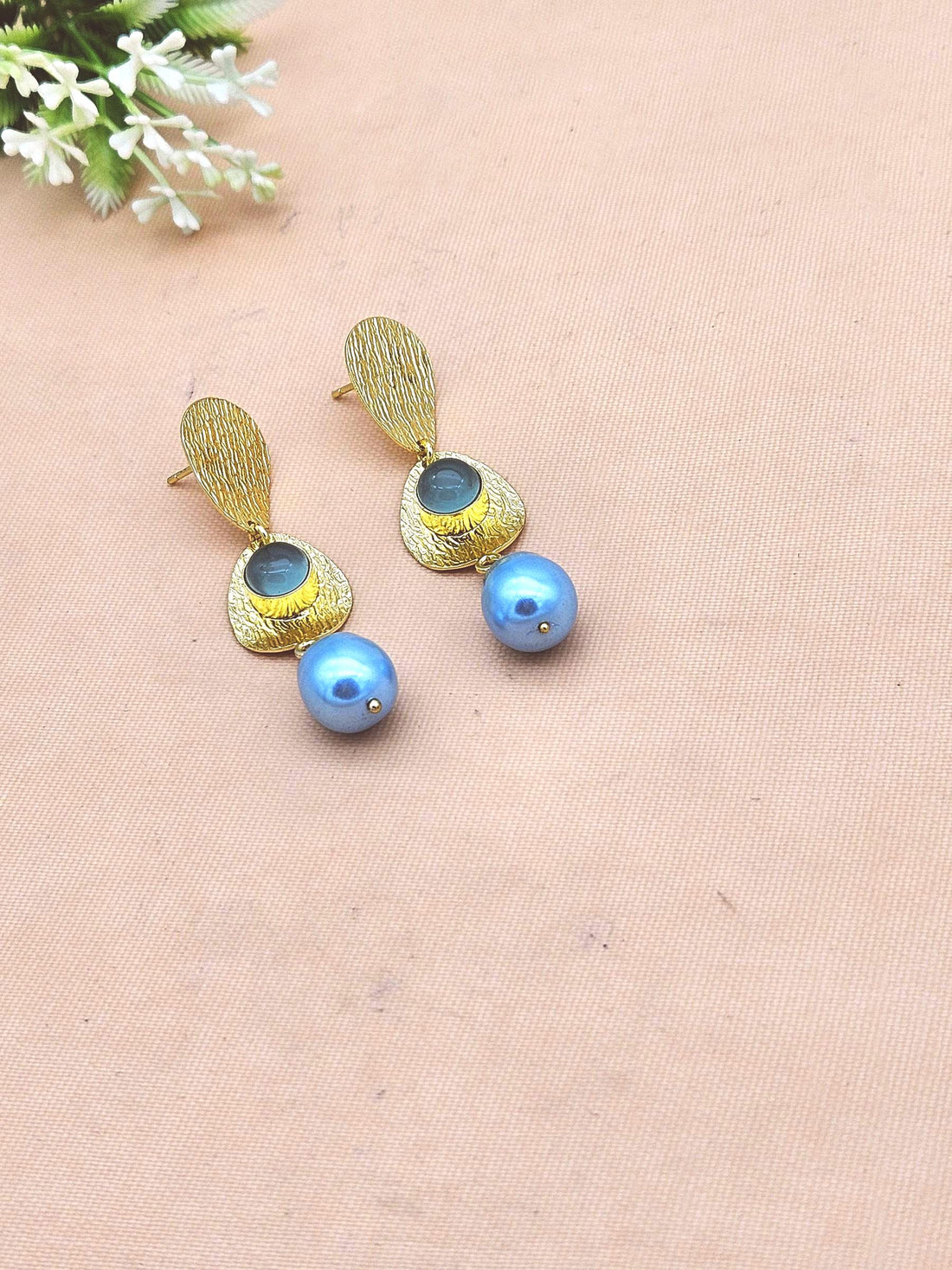 Elegant Gold Plated Chalcedony-Blue Baroque Pearl Earrings – Handmade Lightweight Dangles