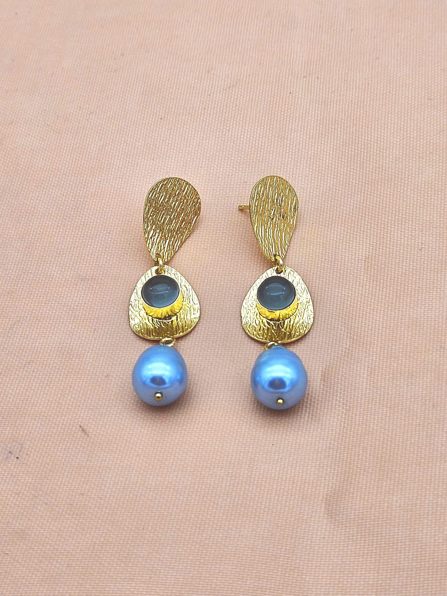 Elegant Gold Plated Chalcedony-Blue Baroque Pearl Earrings – Handmade Lightweight Dangles
