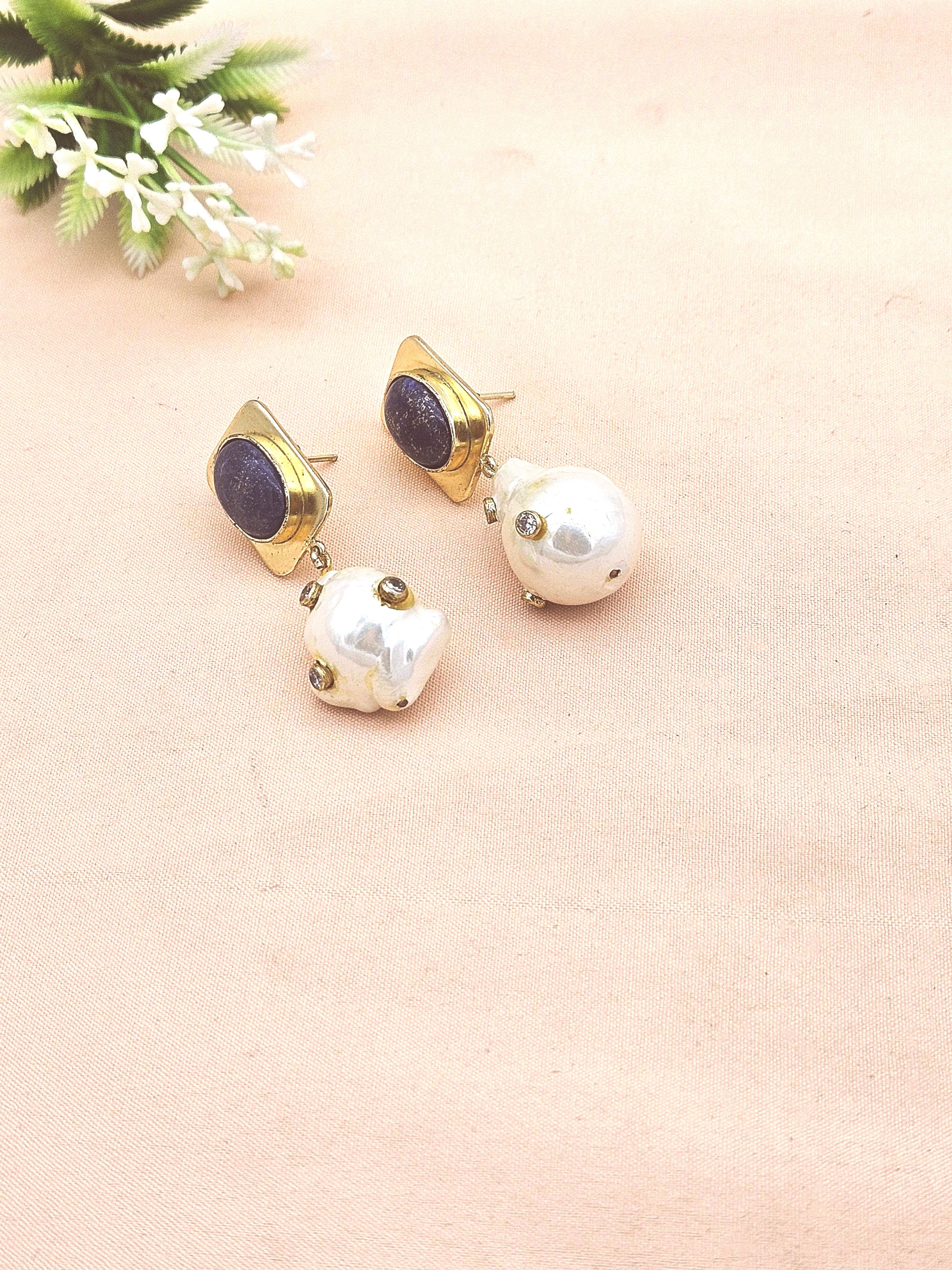 Handcrafted Gold Plated Baroque Pearl Earrings with Lapis Lazuli & CZ Gemstones | Elegant Statement Jewelry for Women
