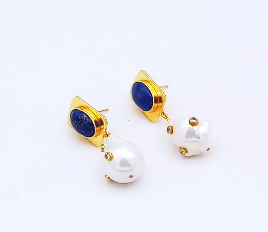 Handcrafted Gold Plated Baroque Pearl Earrings with Lapis Lazuli & CZ Gemstones | Elegant Statement Jewelry for Women