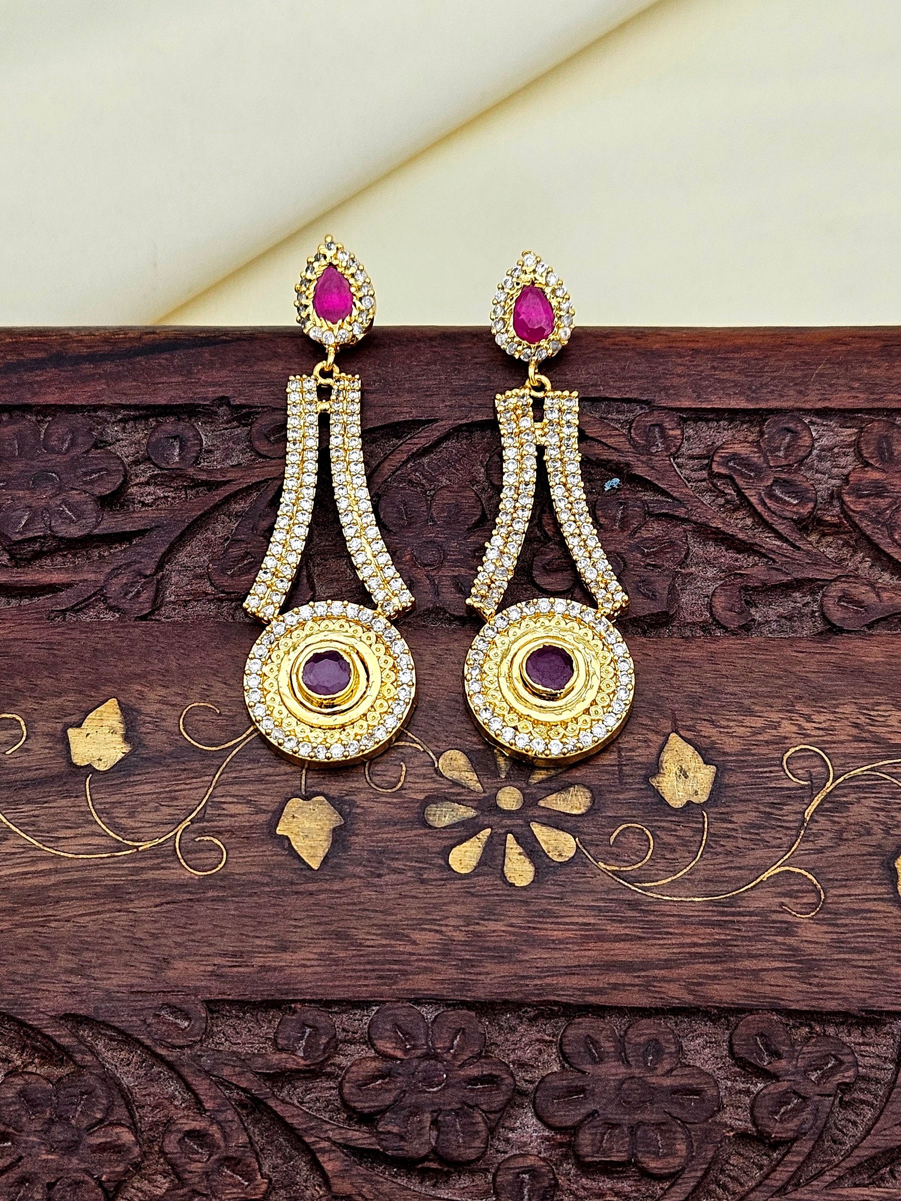 Attractive Gold plated Cubic Zirconia-Red Hydro Quartz Designer Light weight Party wear Earring