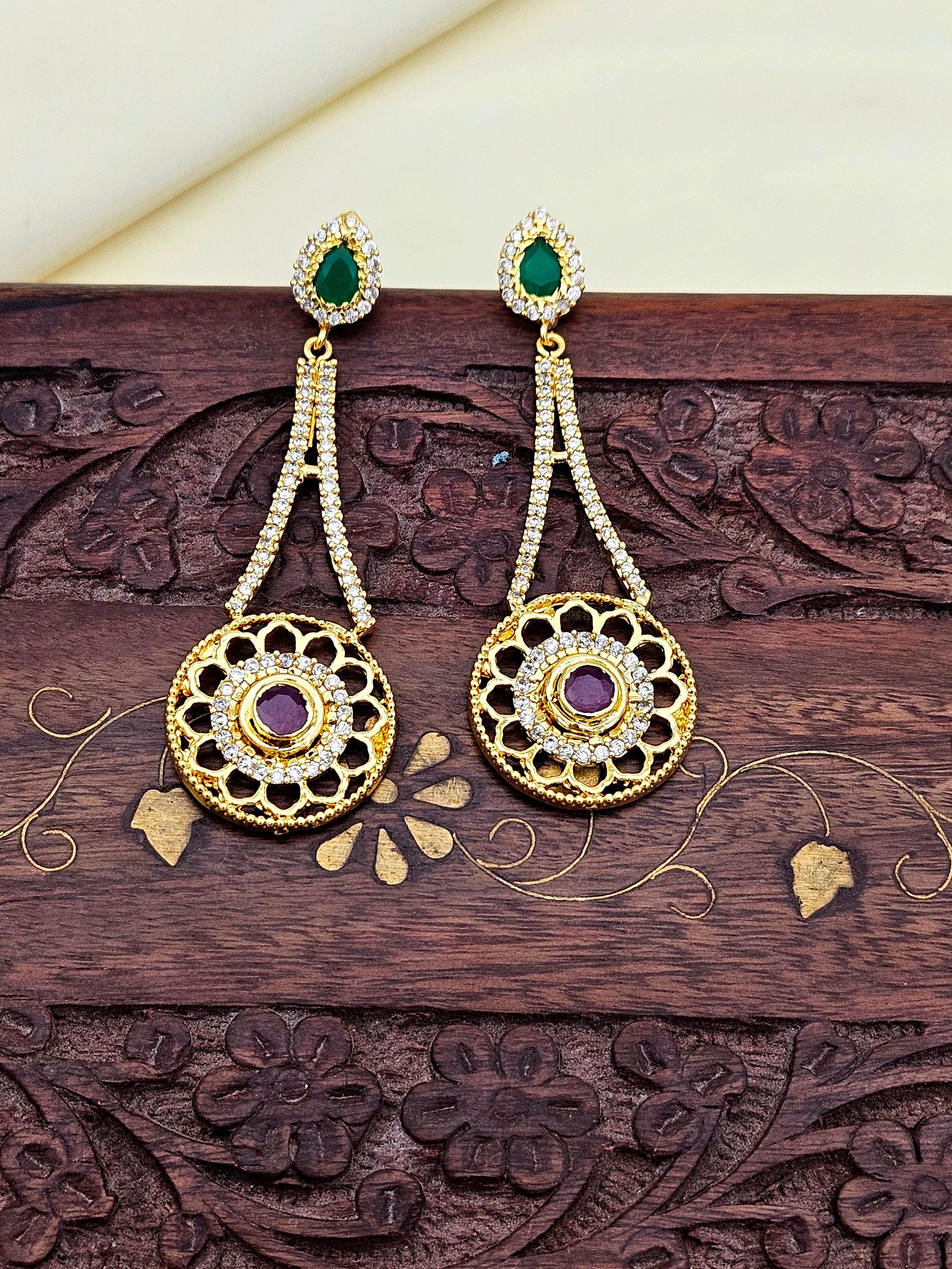Amazing Gold plated Cubic Zirconia-Green & Red Hydro Quartz Designer Party wear Earring