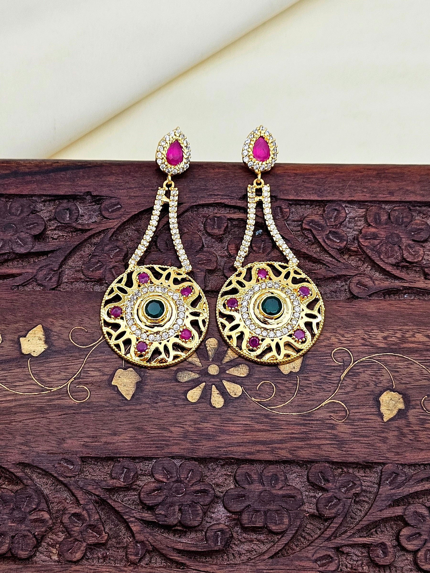 Gorgeous Gold plated Cubic Zirconia-Green & Red Hydro Quartz Designer Party wear Earring