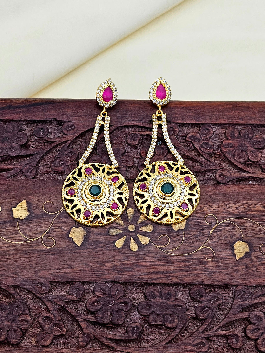 Gorgeous Gold plated Cubic Zirconia-Green & Red Hydro Quartz Designer Party wear Earring