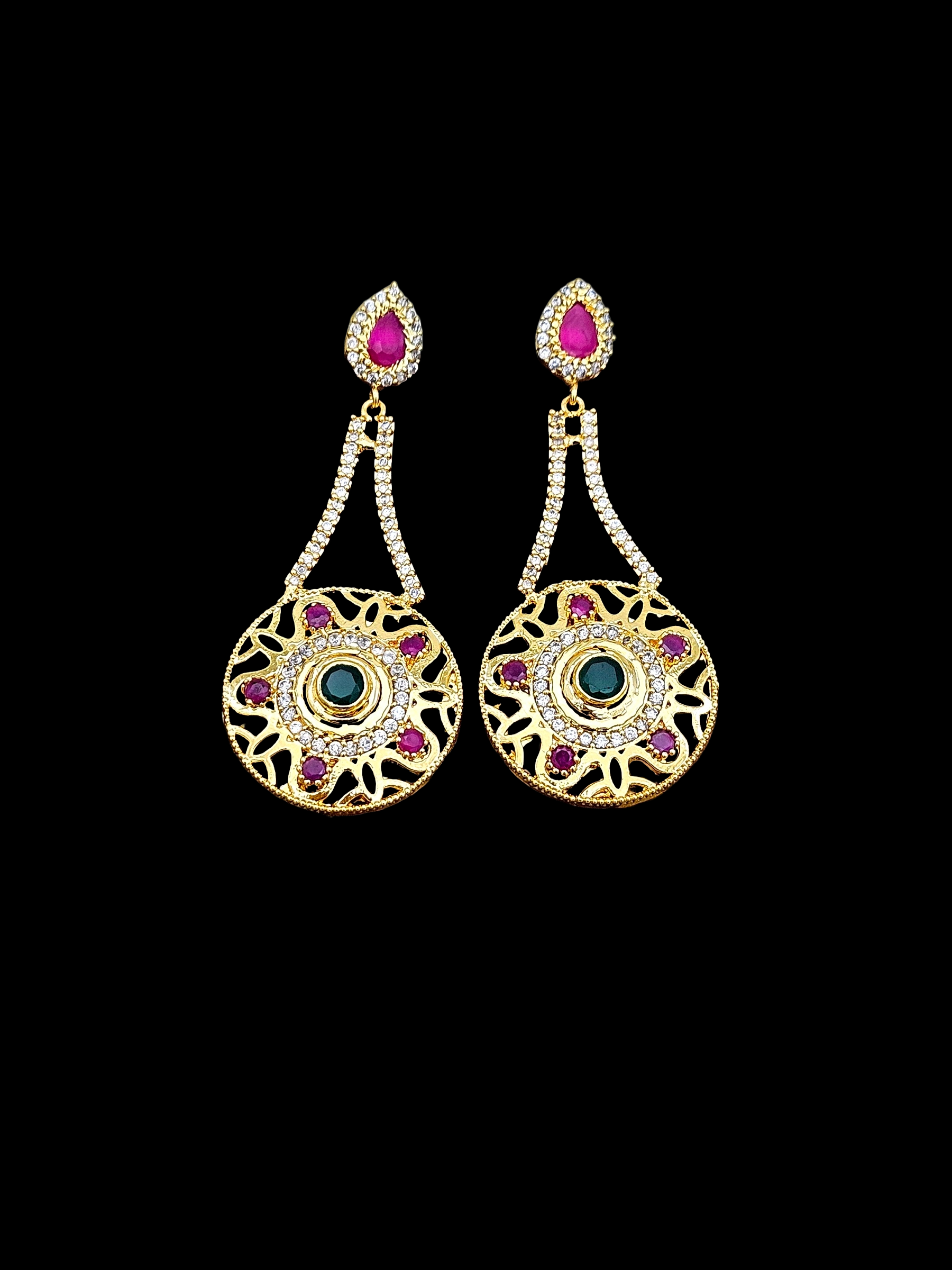 Gorgeous Gold plated Cubic Zirconia-Green & Red Hydro Quartz Designer Party wear Earring