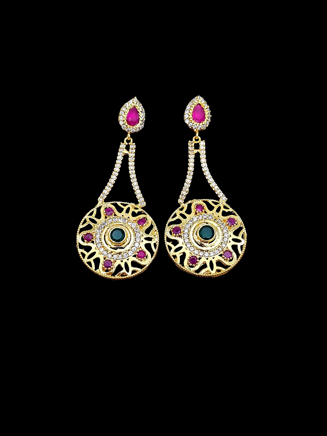 Gorgeous Gold plated Cubic Zirconia-Green & Red Hydro Quartz Designer Party wear Earring