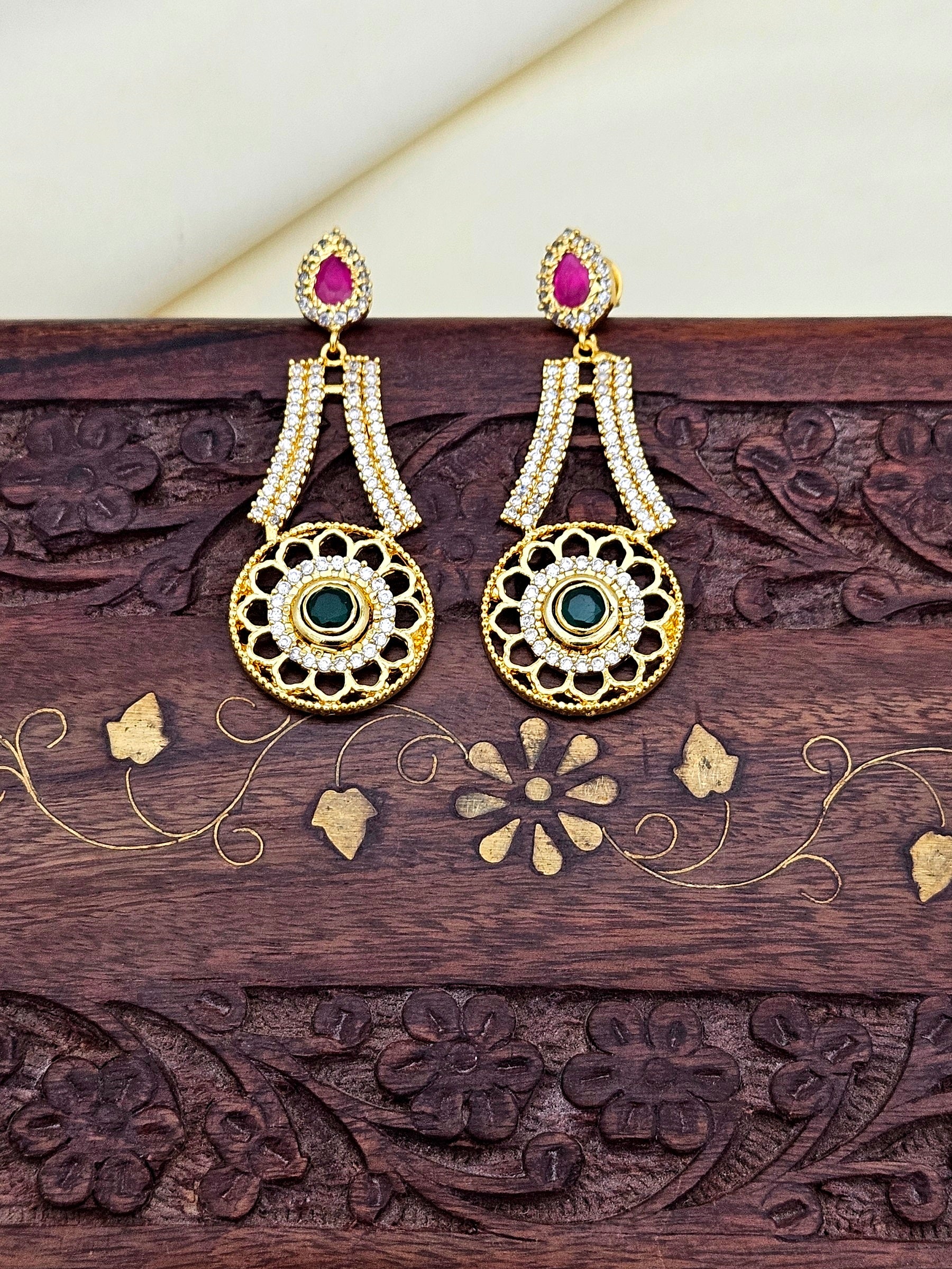 Stunning Gold plated Cubic Zirconia-Green & Red Hydro Quartz Designer Party wear Earring
