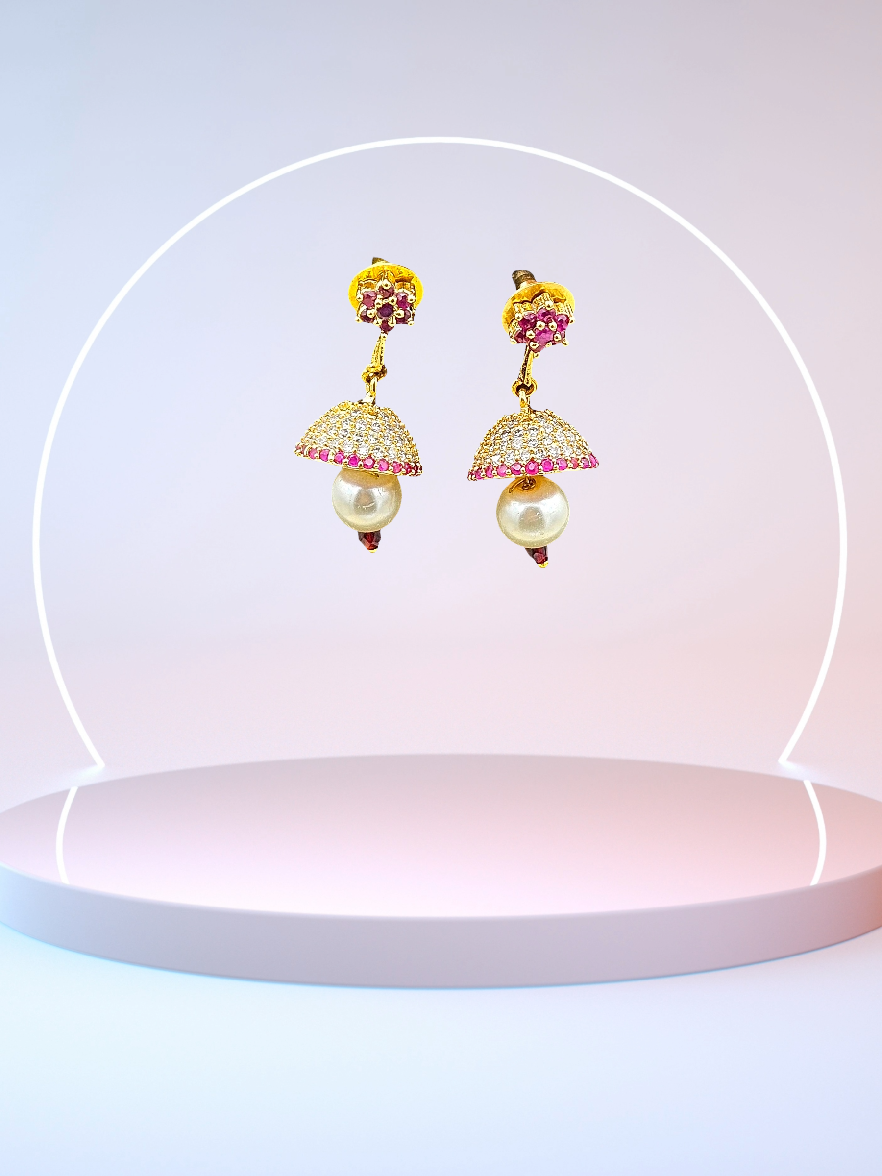 Charming Gold plated Cubic Zirconia-Red Hydro Quartz Designer light weight Jhumka Earring