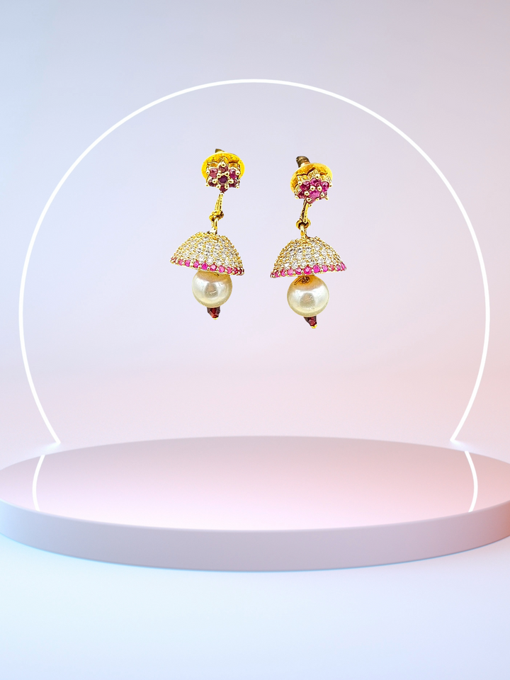 Charming Gold plated Cubic Zirconia-Red Hydro Quartz Designer light weight Jhumka Earring