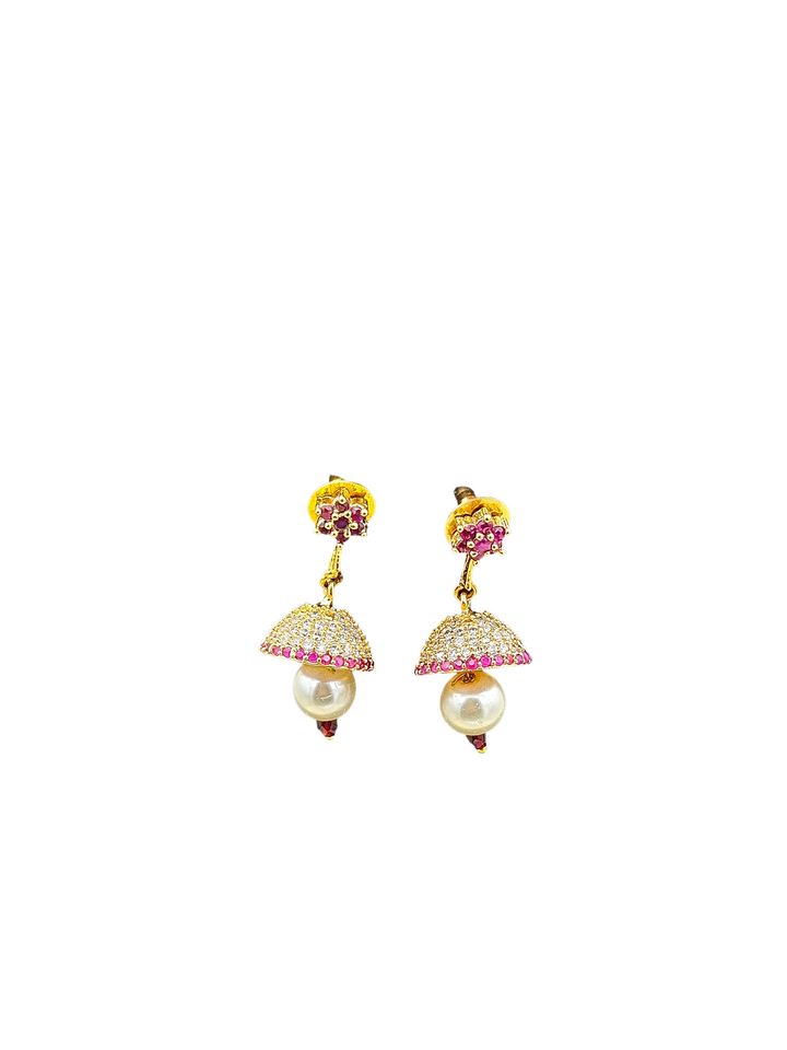 Charming Gold plated Cubic Zirconia-Red Hydro Quartz Designer light weight Jhumka Earring