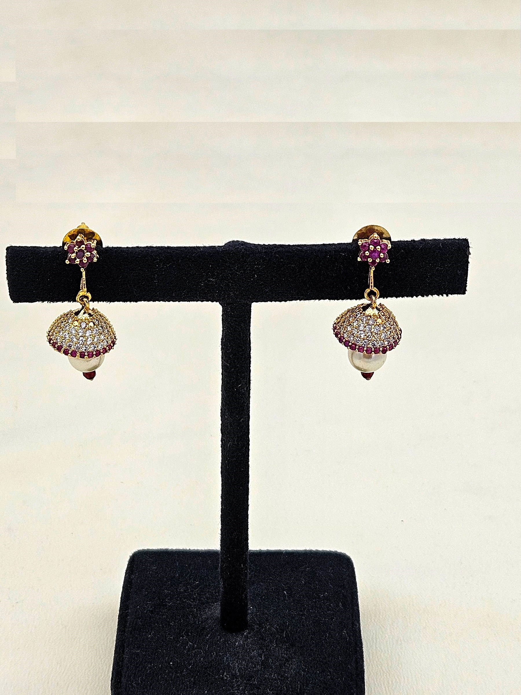 Charming Gold plated Cubic Zirconia-Red Hydro Quartz Designer light weight Jhumka Earring