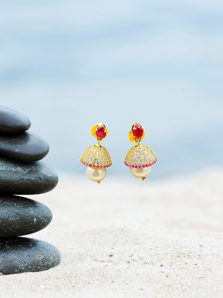 Amazing Gold plated Cubic Zirconia-Red Hydro Quartz Designer light weight Jhumka Earring